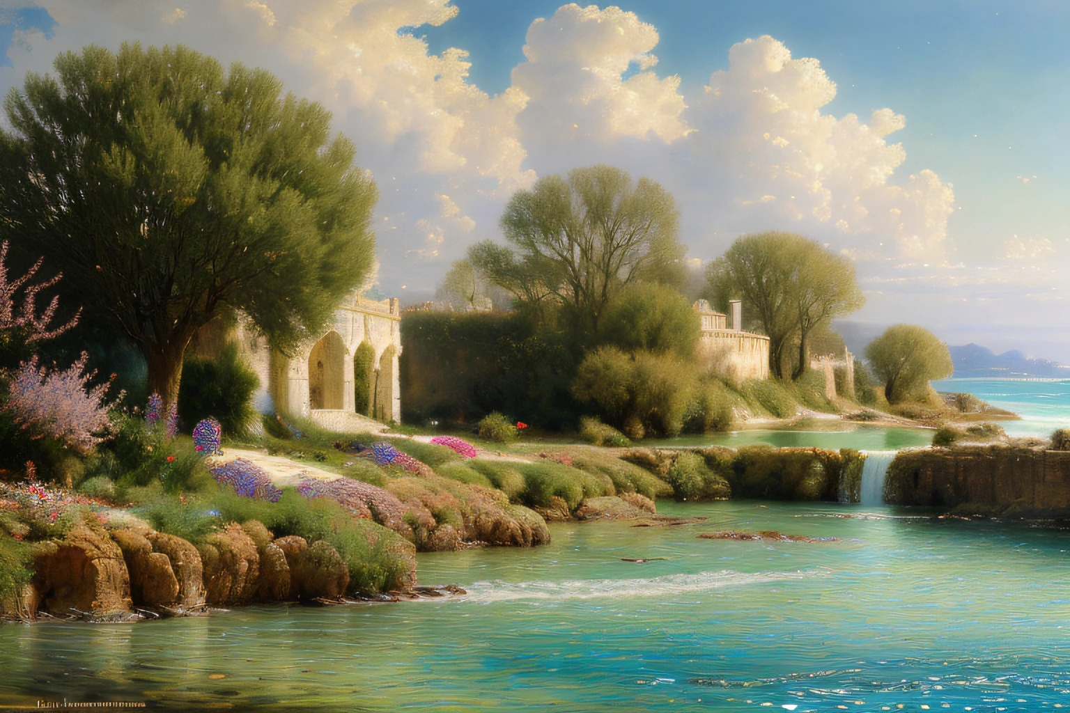 paysage mer, Eau, ciel orageux, fleurs, (Highly detailed CG Unit 8k wallpaper), The most beautiful work of art in the world, Professional majestic oil painting, complexe, High detail, mise au point nette, dramatique, Art of photorealist painting, Alma Tadema
