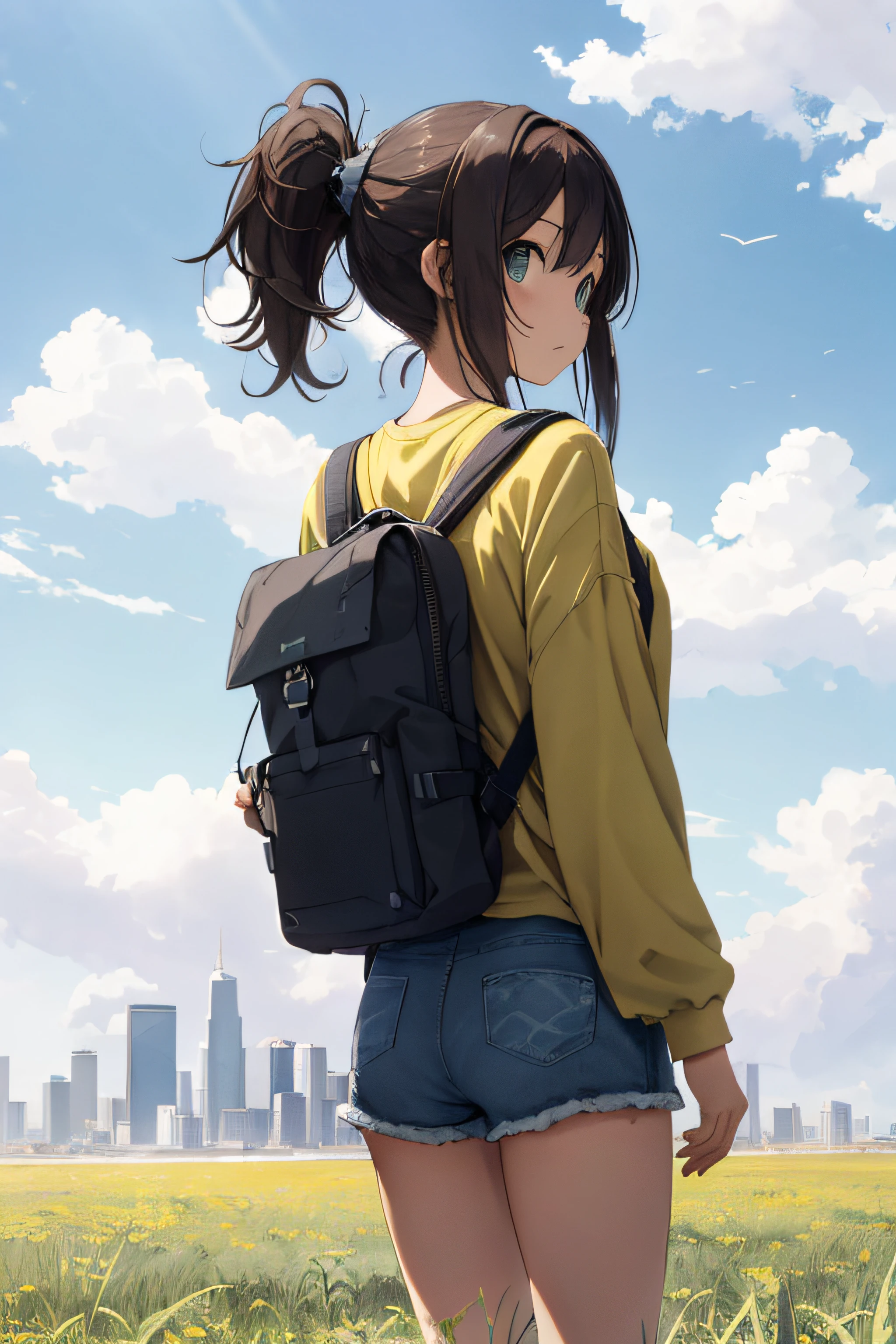 [(Cloud background:1.5),::5] (Isometric:1.0), Vast sky, Beautiful skyline, large grasslands, extremely tense and dramatic pictures, moving visual effects, the high-hanging Polaris, colorful natural light. Long-sleeved tops, Denim shorts, Girl with a backpack. Ponytail hair,