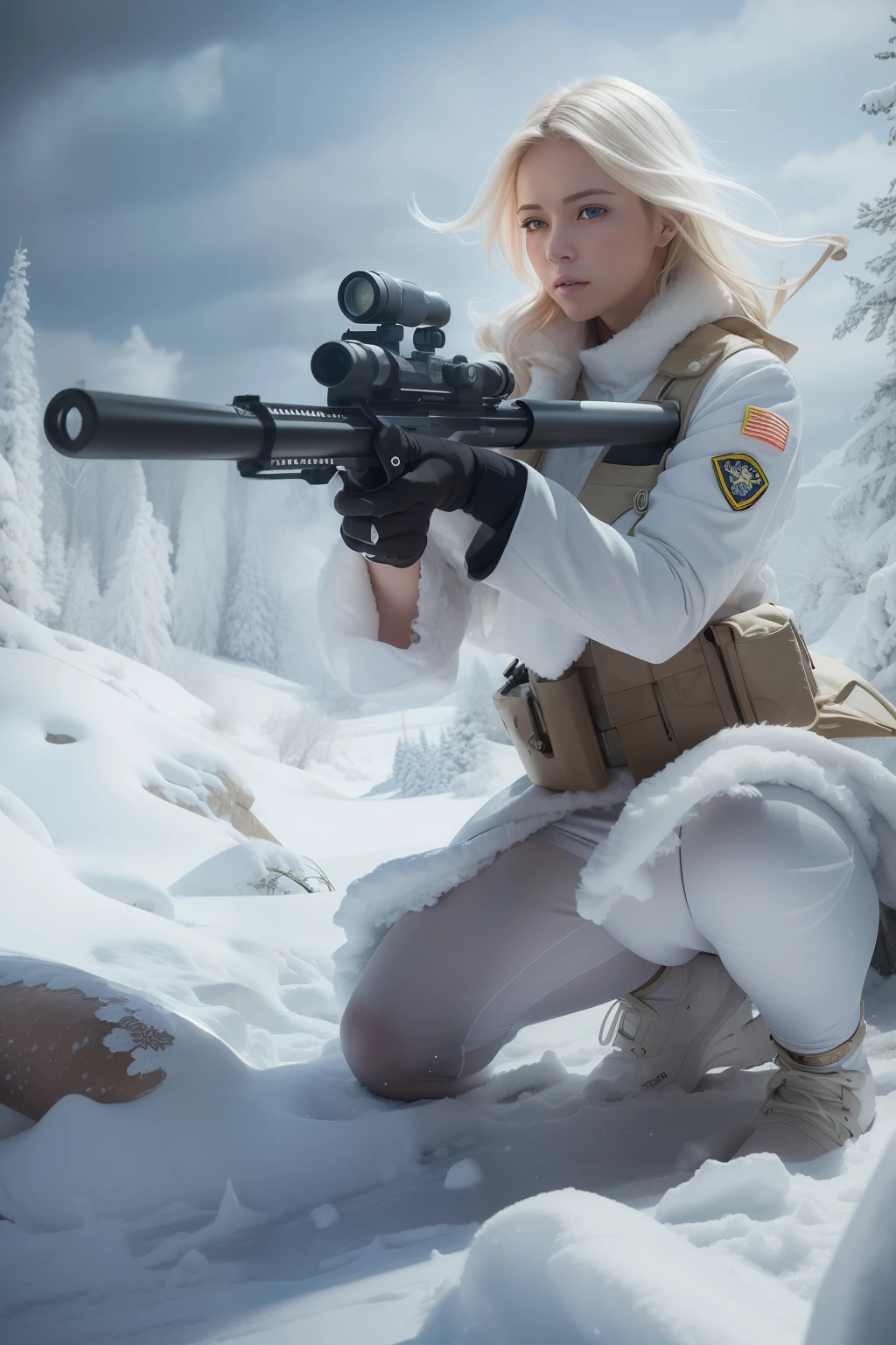 ((Masterpiece:1.2, Best quality)),Movie,offcial art,promotional art,movie wallpapers,(A blonde girl is in ), (Short white suit skirt), Long legs,Exposing thighs, Shoot at a low angle with a gun in the snow, Take part in winter battles. Shot in cinematic style, The scene included several female soldiers armed with rifles on the front line. The images were taken in an otherworldly fantasy world. The color temperature is cool,Slightly bluish tint, Convey a feeling of indifference and tension. The lighting is dramatic,There are harsh shadows and highlights, Highlight the woman's fierce expression. Shot with a Sony A7R IV camera,The aperture is f/2.8, ISO 1600, a shutter speed of 1/200th of a second. UHD dtm HDR 8k.White theme,Suit cropped slip skirt