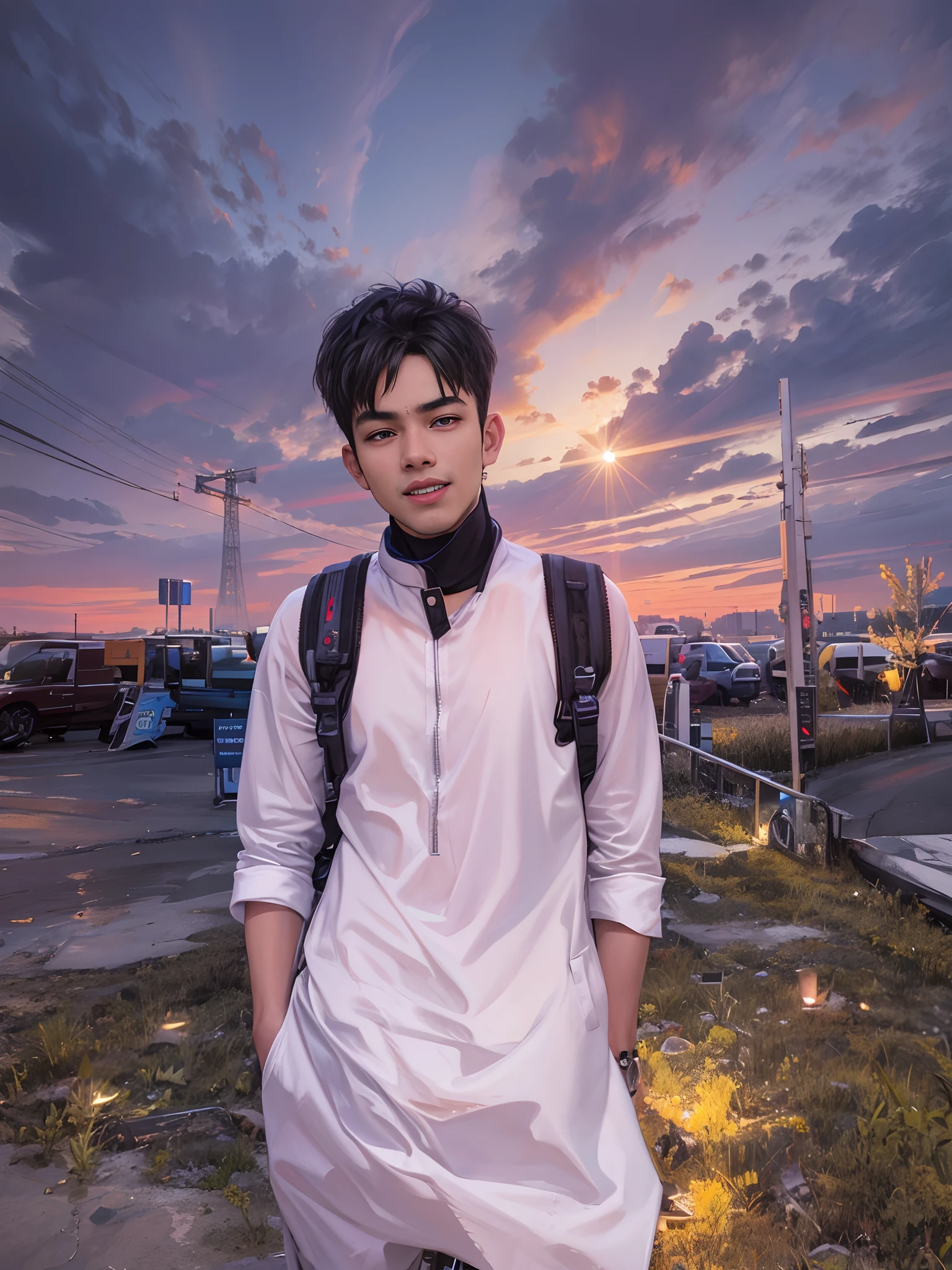 Walking on city streets, wearing long gorgeous clothes, cute , shopping, in the city, Smart boy, realistic face, 8k, cyberpunk