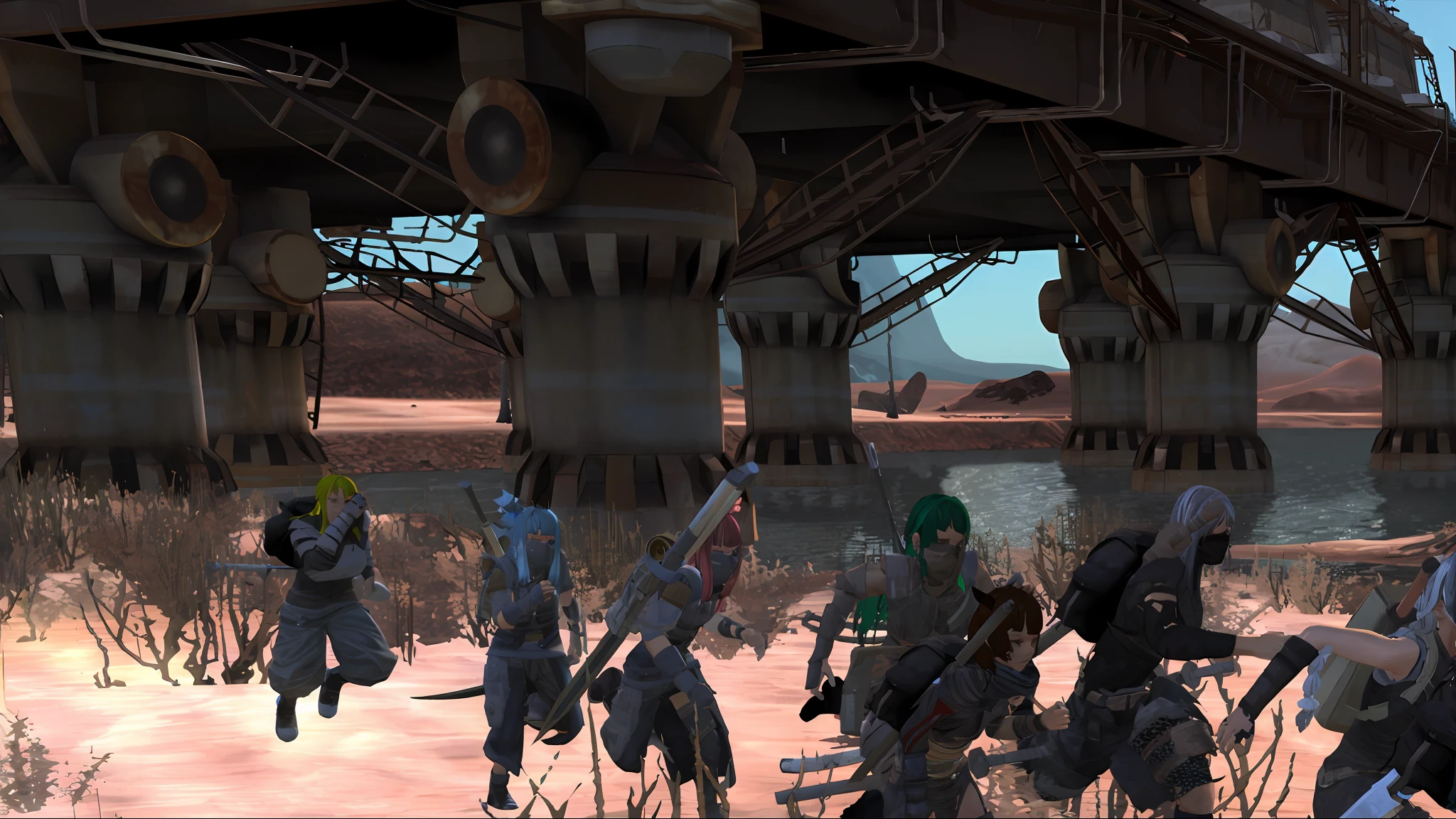 There are many people playing games in the desert, <mmorpgs scene,, In-game shots,MMORPG gameplay,Screenshots of action scenes, Chasing Tribe Members, gameplay still, Gameplay Screenshots、Doomsday World、8 Girls