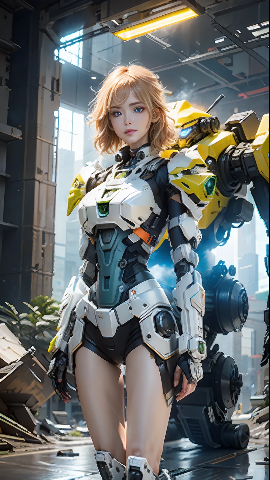 （（best qualtiy））， （（tmasterpiece））， （The is very detailed：1.3）， 3D， Shitu-mecha， Beautiful cyberpunk woman with her mech in the ruins of the city of the forgotten war， Ancient Techniques， HDR（HighDynamicRange）， Ray traching， NVIDIA RTX， Hyper-Resolution， Unreal 5， sub surface scattering， PBR Texture， post-proces， Anisotropic filtering， depth of fields， Maximum clarity and sharpness， Many-Layer Textures， Albedo e mapas Speculares， Surface Coloring，Accurately simulate light-material interactions，perfectly proportions，rendering by octane，twotonelighting，Low ISO，White balance，trichotomy，Wide aperture，8K RAW，High-Efficiency Sub-Pixel，sub-pixel convolution，Luminous Particle，Light scattering，Tyndall effect，blonde with blue eyes，short detailed hair，There is a dull hair