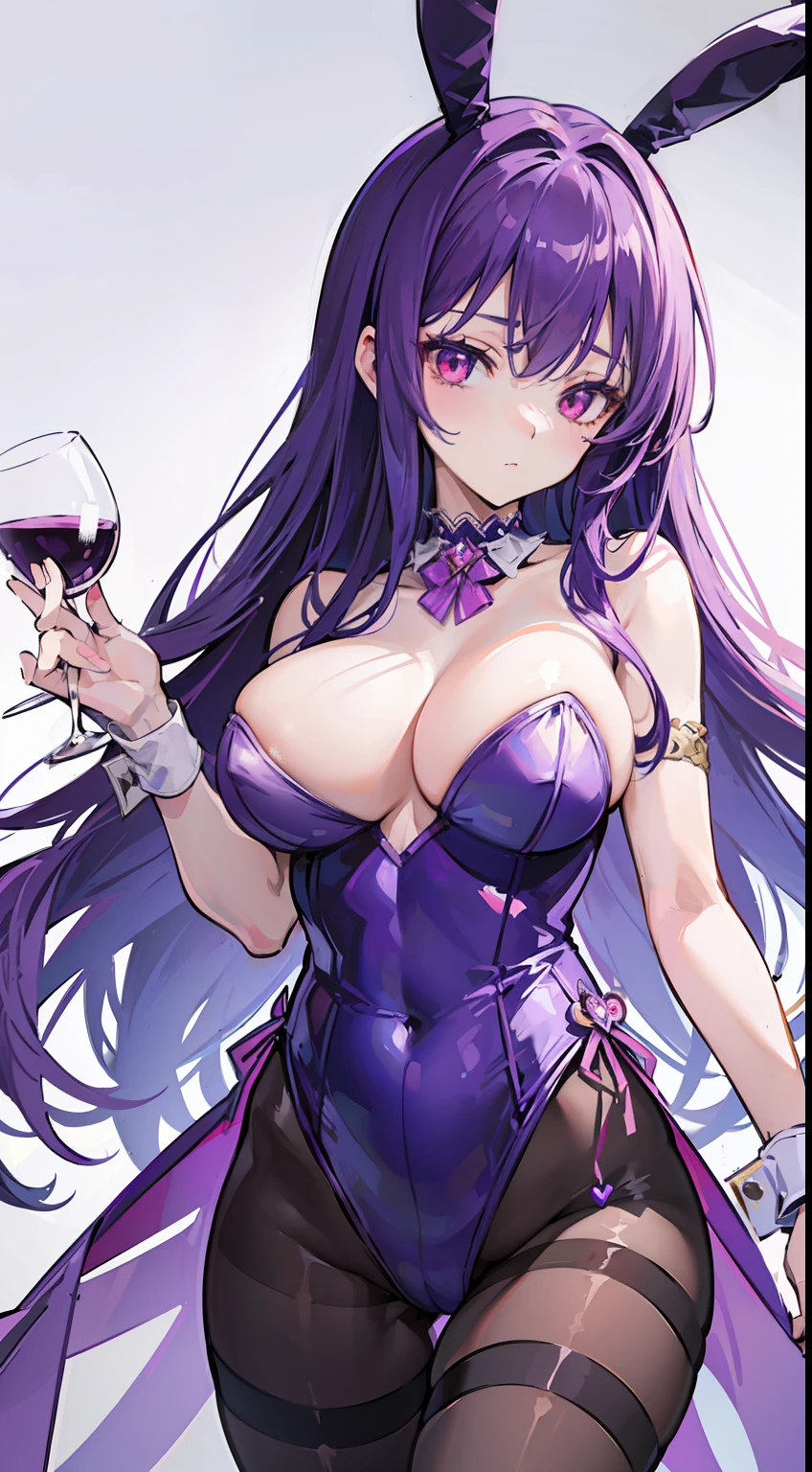 High quality, masterpiece, ultra-detailed, purple bunny girl leotard, purple bunny ears, hand cuffs, choker, thighband pantyhose, 1girl, solo, peaceful expression, long purple hair, enchanting red eyes, big breasts, holding wine glass