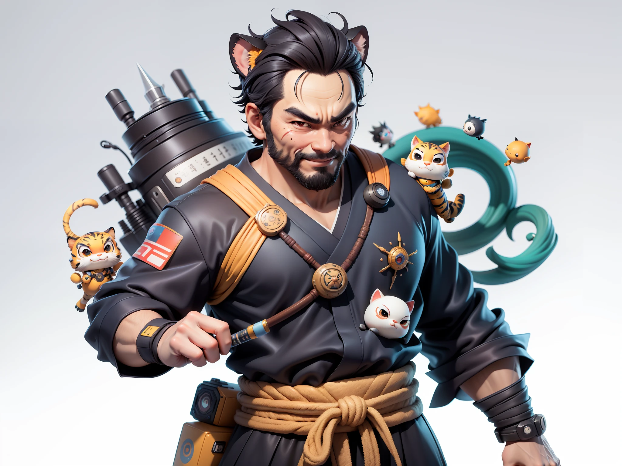 (Daisaku),(Need),(Super meticulous),(full bodyesbian:1.2),Super young man with Japanese geisha,Beautiful,orient,one tiger,Aeolian Thor,Raised sexy,爆乳,Oriental face,TV Anchor,Bust portrait illustration,In black suit,a blue tie,The face is slightly chubby,The face was clean,without a beard,Black super short hair,Black eyes,Smile confidently,3C computer sub-products,iPad, iphone,Digital painting,3D character design by Mark Clairen and Pixar and Hayao Miyazaki and Akira Toriyama,The illustration is a high-definition illustration in 4K resolution,With very detailed facial features and cartoon-style visuals。
