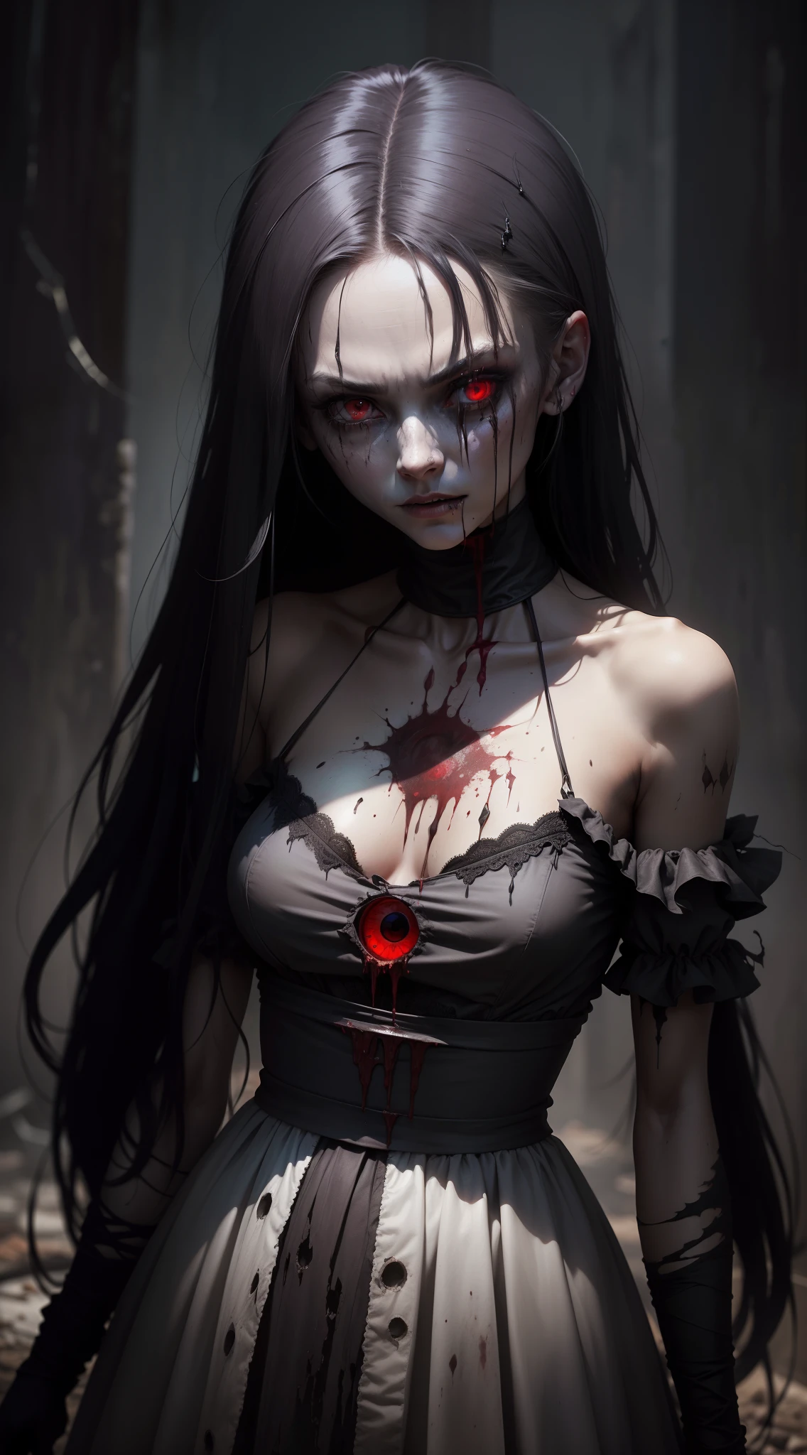 A very pal humanoid character, with red eyes, her name is (The Englewood Witch), she is crazy, nuts, horror, she is creepy, she is scary, shock value, very evil, she is skinny, evoke, fear, terror, dread, decay, disgust, she is a Psycho, dark, unusually thin, thin, scraggly, emaciated, twisted, frightening, sick, dark background, gore, bloody_hands, solo, close up, (messy_long_dark_hair), fog, evil eyes, eyes glowing, fire in the background, (she is wearing a very dirty old torn_white_dress), (her hair is covering her face)