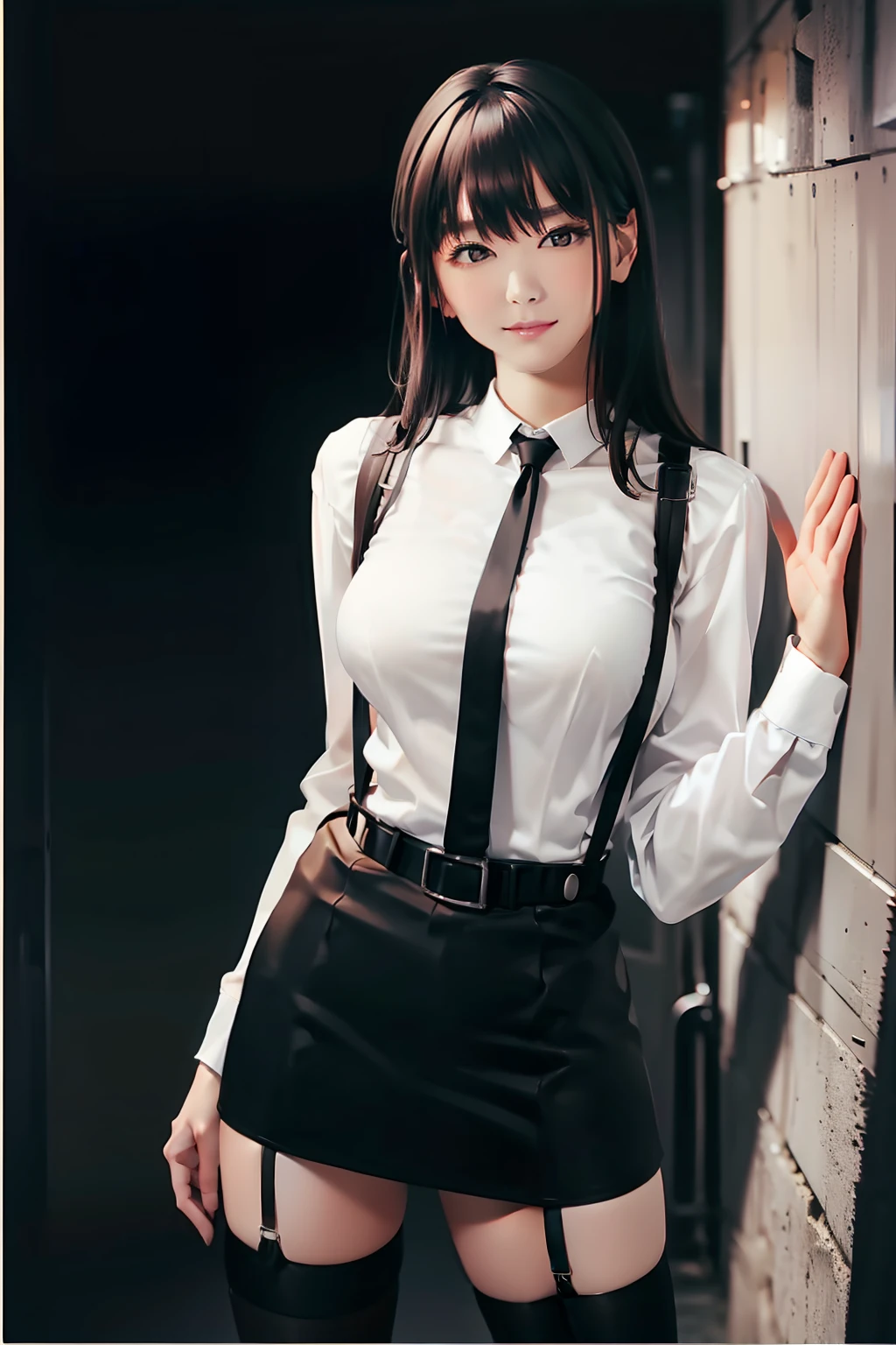 a belt suspenders Black miniskirt neck tie White shirt Black stockings Brown hair Long Gray eyes holster bobby Garter belt on the legs Serious face piece large full breasts Fold your hands behind your back hason