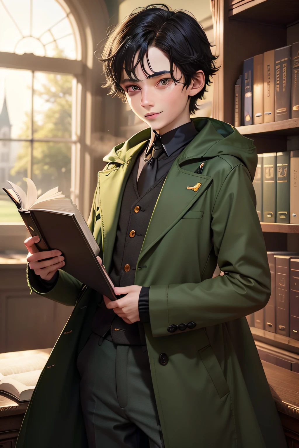 ember，13 year old，green pupills，Slightly longer black hair，Tall to thin，Green coat，Green trousers，The skin is yellow to whitish，adolable，Inside the library，Holding a book in his arms，Two-thirds of the picture，With a slightly shy smile，quadratic element，The face is rounded，