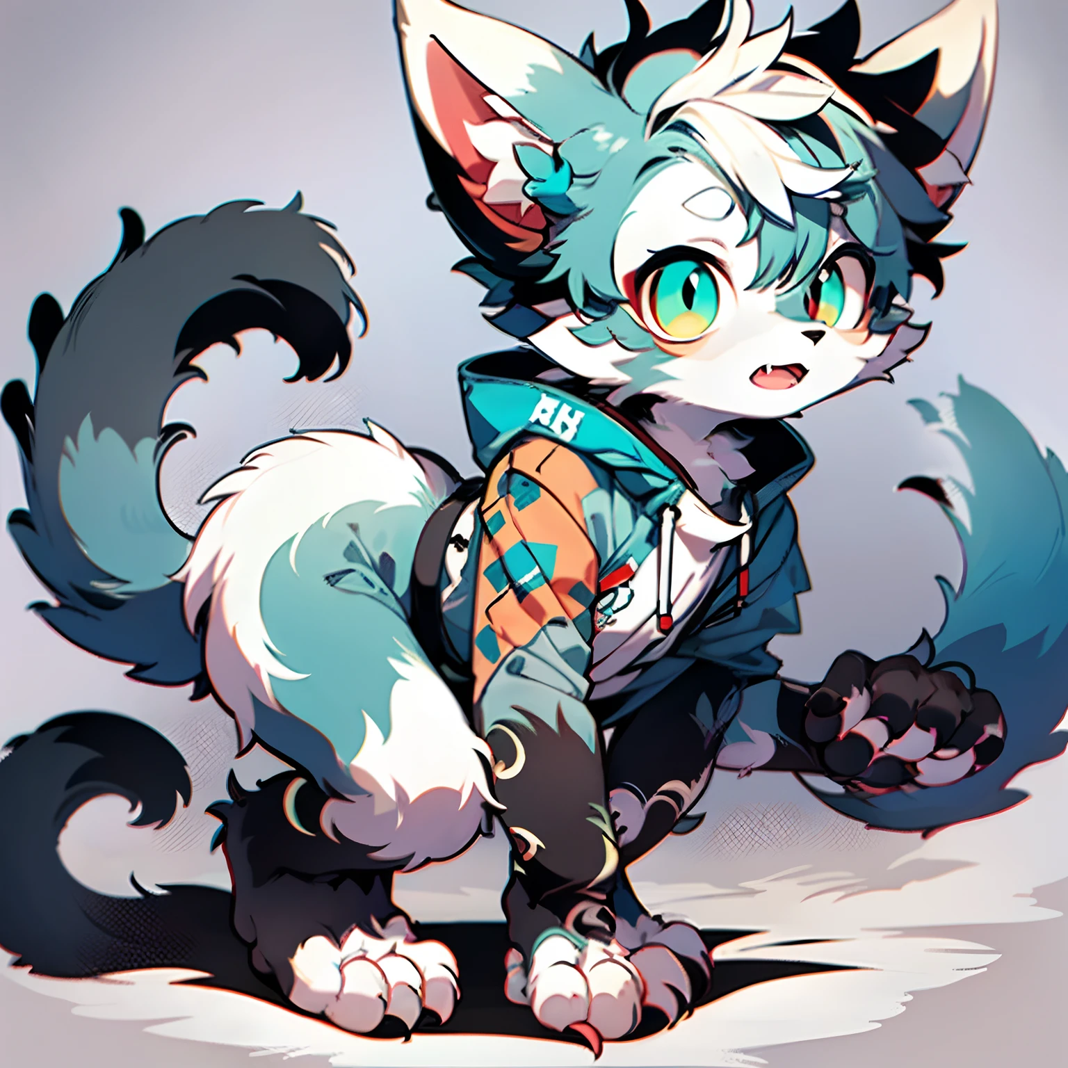 Furry cat forelimb turned hands hind limb leg and foot standing Shota  Overall white Ears, arms and body with cyan pattern Pink flesh pad Left eye pupil blue Right eye pupil red Furry Two ears