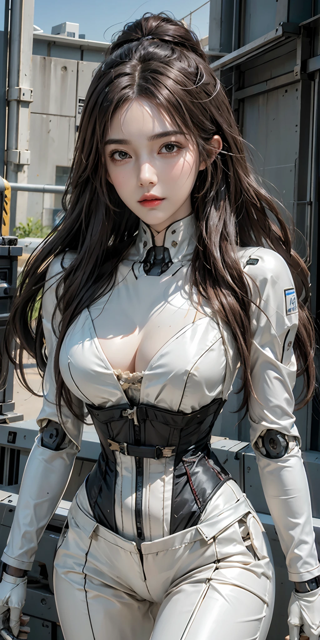 photorealistic, high resolution, soft light,1women, solo, hips up, (detailed face), long hair, mecha musume, mechanical parts, robot joints, mechanical bodysuit, mecha corset, robot neck, robot chest