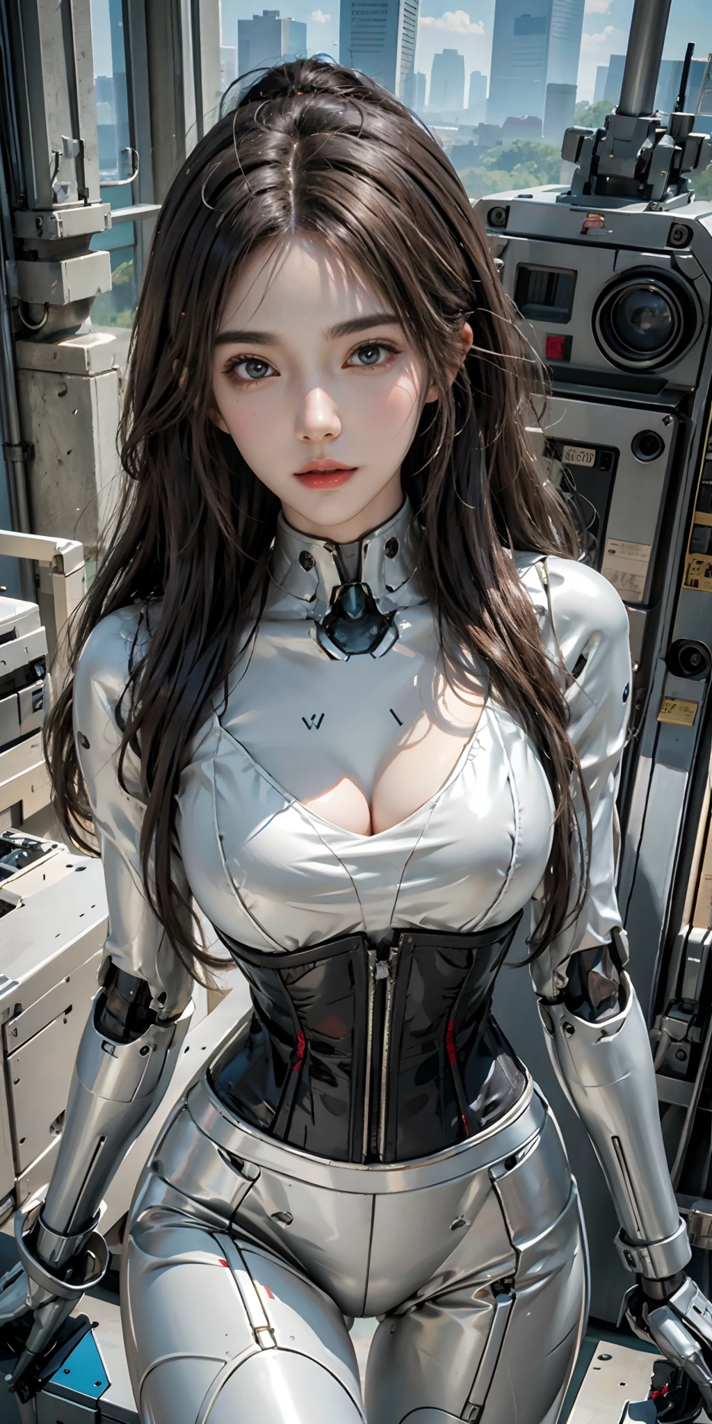 photorealistic, high resolution, soft light,1women, solo, hips up, (detailed face), long hair, mecha musume, mechanical parts, robot joints, mechanical bodysuit, mecha corset, robot neck, robot chest