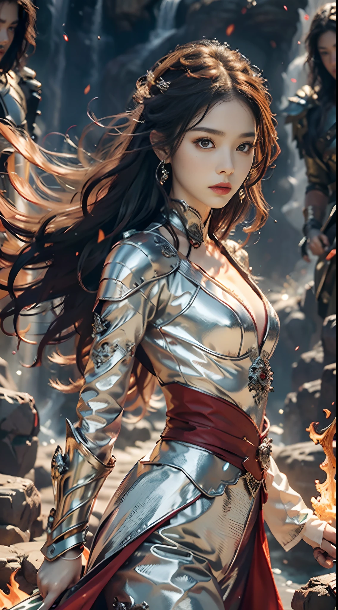 {{master piece}}, pinnacle rendering, realistic rendering, dark red rendering, metal rendering, {{color ink painting}}}, {{splash ink}}}, {{color}}, {{color}}, gorgeous rendering, best quality, illustration, flame, smoke, doomsday world, splash ink fire sea doomsday, full body, 1 girl, exquisite facial details, delicate facial features, real face, beautiful details eyes, deep pupils, broken city details, beautiful details long hair, wavy hair, broken details, transparent mechanical core, cyborg girl, details, cool, tight grooming, lace finishing, linear light costume modification, light rendering, reflection, highlight, holy light, confidence, charm, battle stance detail close-up, fire day, {filigree}, colored background, a dragon stands behind the girl, sea of fire, {tornado special effects}, beautiful details silver dragon armor, (cold face, confident) great depth, depth of field, 360° panoramic picture, fierce and magnificent battle scenes, broken mirrors, fingers all hidden and not displayed, small mouth closed