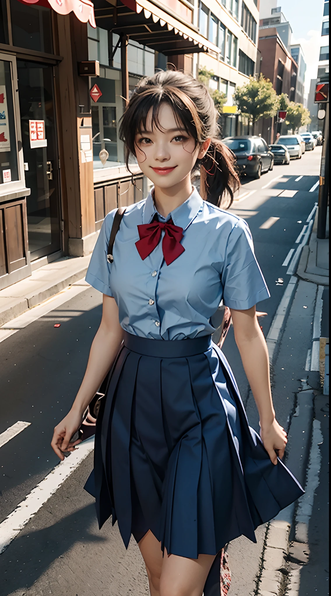 solo, 1 girl, annette (boga), blindfold, double tail, episode 3, school uniform, blue dress, short sleeves, red bow tie, long skirt, pleated skirt, smile, looking at the audience, standing, city, sidewalk, sunlight, outdoors, cowboy shooting, upper body,