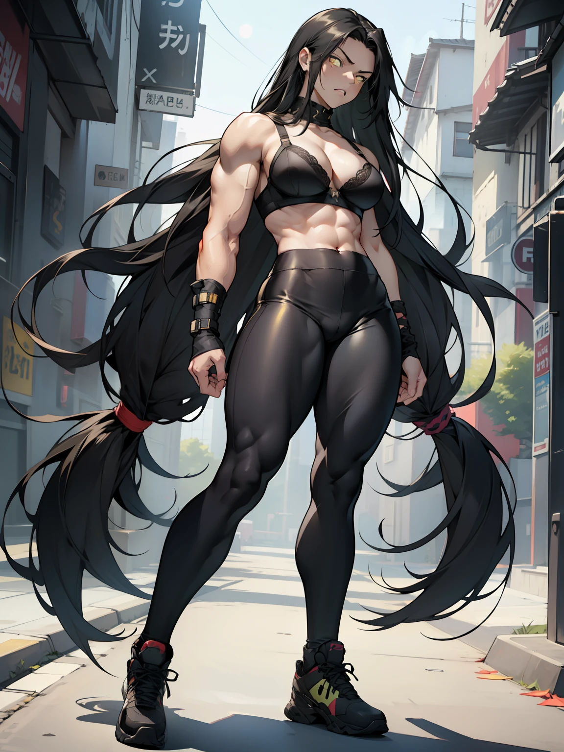 (1girl), black hair, extremely long hair, yellow eyes, ((((muscular)))), huge breasts, thick thighs, solo, angry, (pale skin), full body, ((leggings)), ((bra))