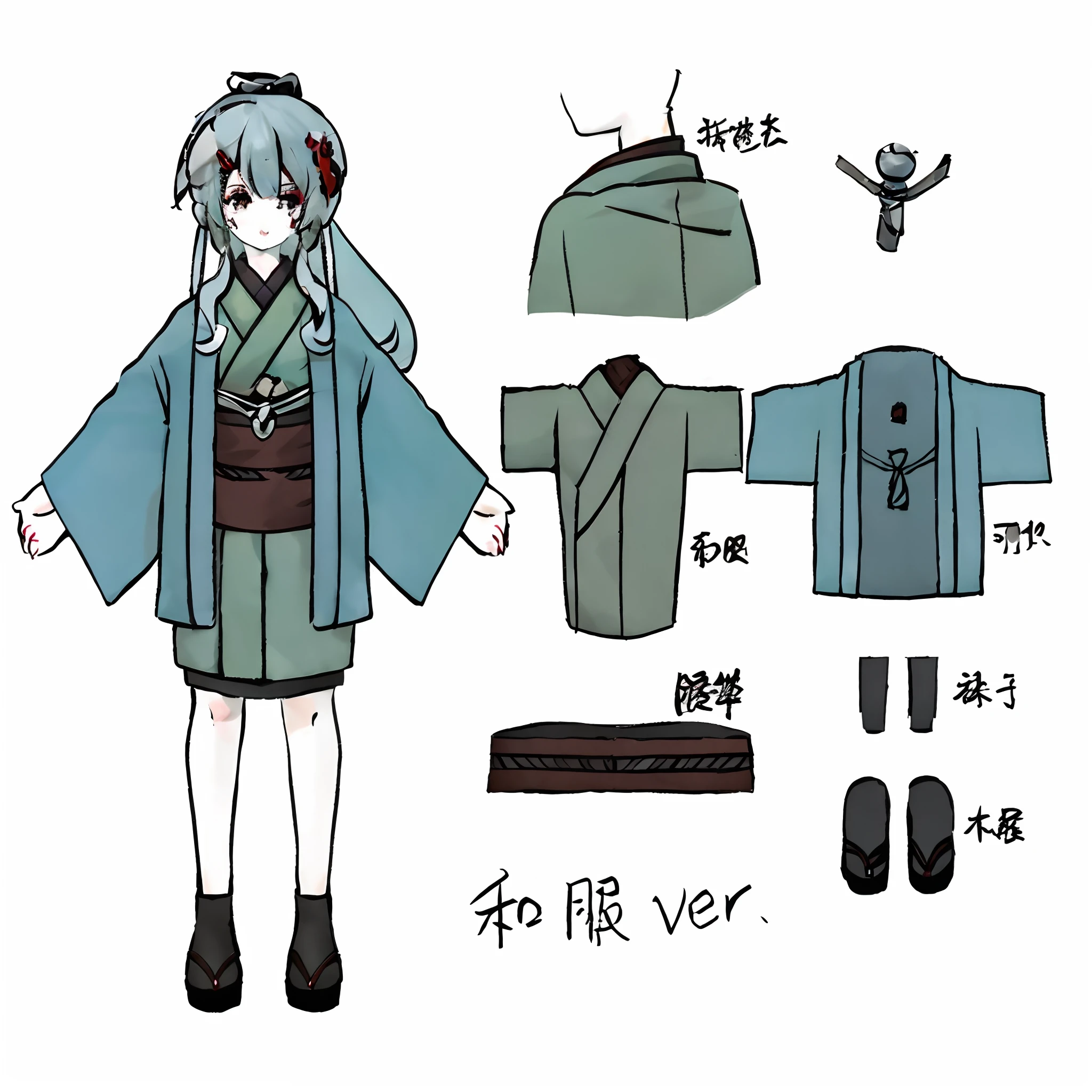 Close-up of people in kimonos and hats, Kantai collection style, anime character reference sheet, anime set style, anime style character, In a Japanese anime style, touhou character, character adoptable, anime vtuber full body model, clear outfit design, [ Character design ], full body adoptable, anime figure, Anime character design, Flat anime style