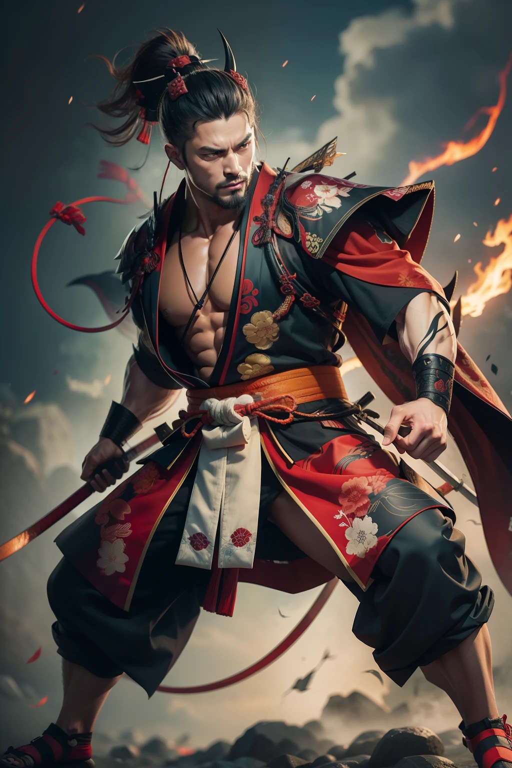 Handsome demon kimono samurai Wear covers whole body muscular super detailed hyper realistic Dynamic pose