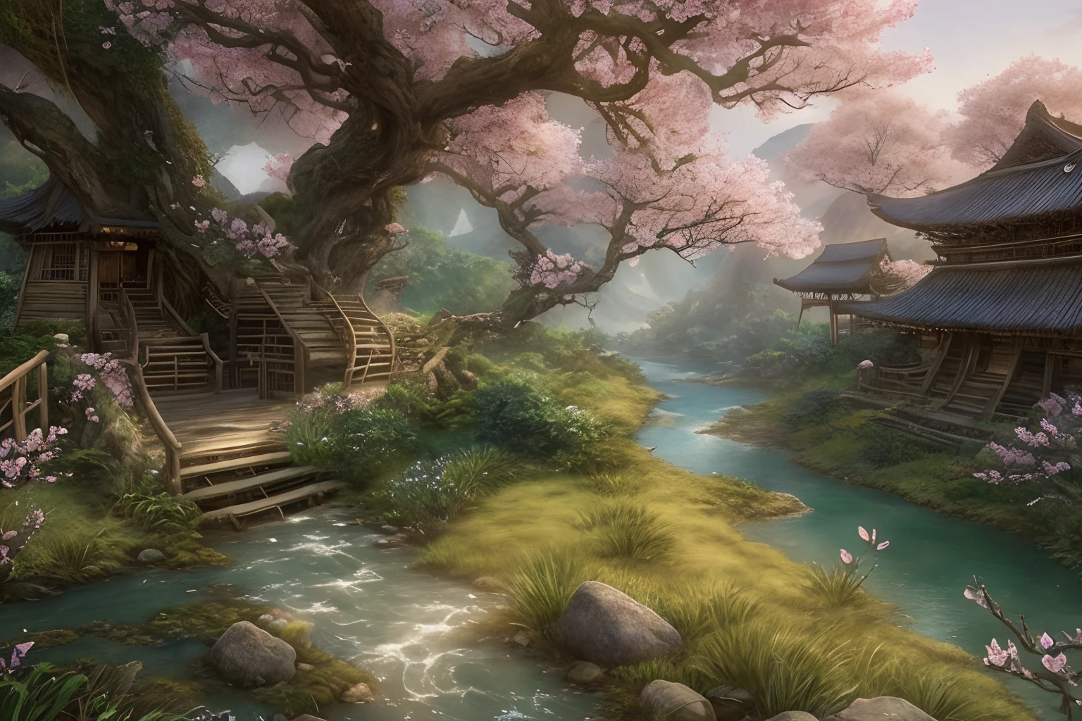 awardwinning, concept-art, fine art, epic fantasy digital art, bird's eyes view，Cinematic lighting,Downward view，super wide shot，Viewing angle from afar，depth of fields，The beauty of an idyllic country fairy tale，((waterfallr))，Quaint, Picturesque, Rustic,  ((lawns;1.7)), ((Peach blossom tree:1.3)), ((Small rivers:1.4)),  ((The tree house is connected to the tree house by a wooden bridge)), Epic, ((Cinematic lighting)), High quality, High contrast, Realistic lighting,4K textures, photolab, hdr, ((iintricate)), elegant, Highly detailed, Sharp focus, insanely details, Intricate details, ultra - detailed, Harsh movie light, Outdoor atmosphere,tmasterpiece，best qualtiy，（Very detailed CG unity 8K wallpaper），（best qualtiy），（Most Best Illustration），（Best shadow），Natural elements in idyllic rural theme。Mysterious idyllic countryside，Beautiful idyllic countryside，naturey，surrounded by flower，Delicate leaves and branches are surrounded by fireflies（nature elements），（Idyllic country theme），（Foliage），（tree branch），（Particle effect）wait。3D ，  Ray traching，A secluded utopia。A clear stream winds through a valley of blooming peachtrees。Thatched huts set in the woods，Villagers wear traditional clothing，Live a peaceful life。In the background，The misty mountains act as a barrier to the outside world。Sunrise depicts the scene of tranquility in shades of gold and pink。This scene exudes an air of tranquility，Depicts the harmony between man and nature。