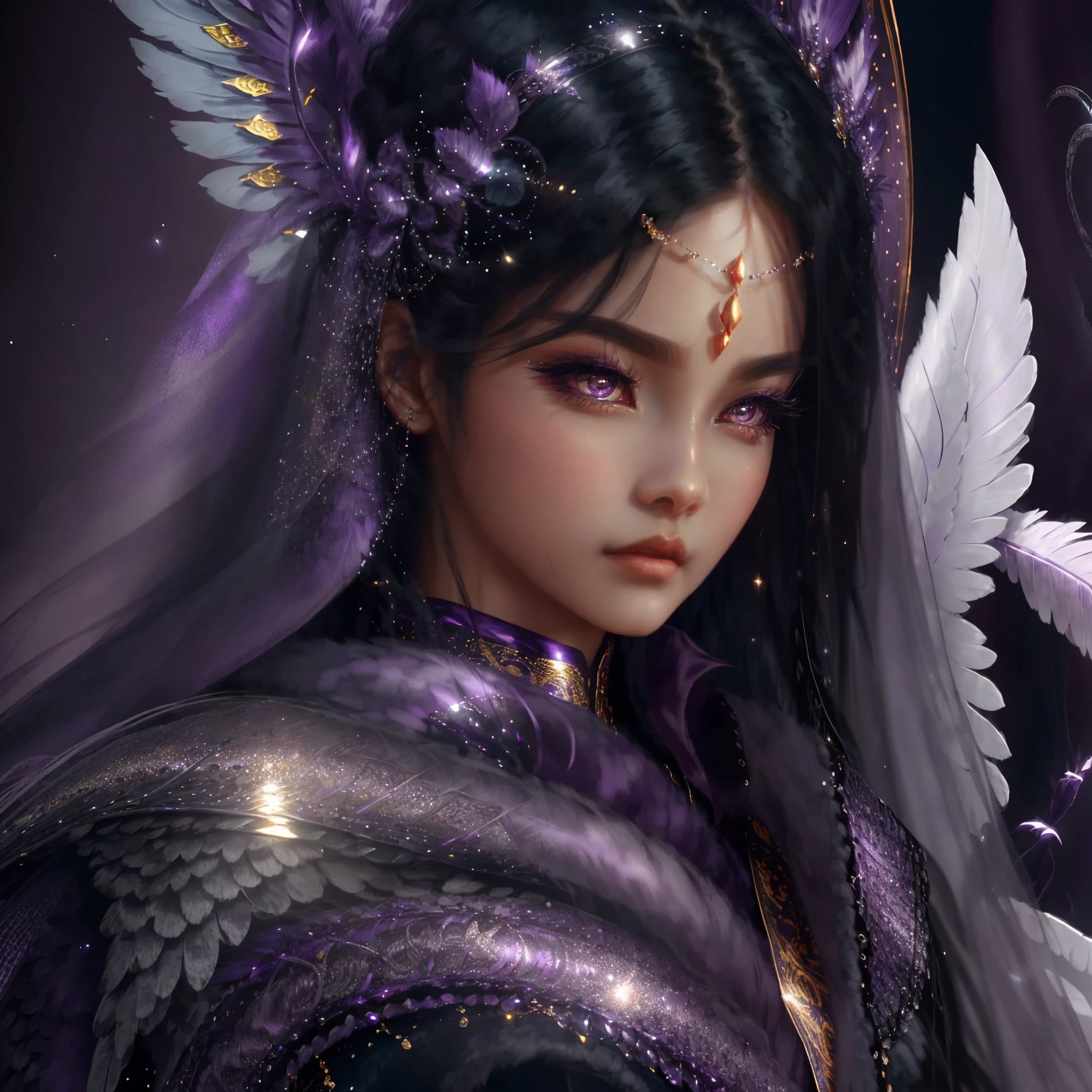 1girl, shimmering and glittering dark black hair, extremely detailed and realistic long hair, loose curls, purple macro eyes, beautiful detailed eyes, dark skin, silk clothes, pure angel, silver ornaments, highlights, angel's city, intricate purple and silver feathers, fantasy, anime