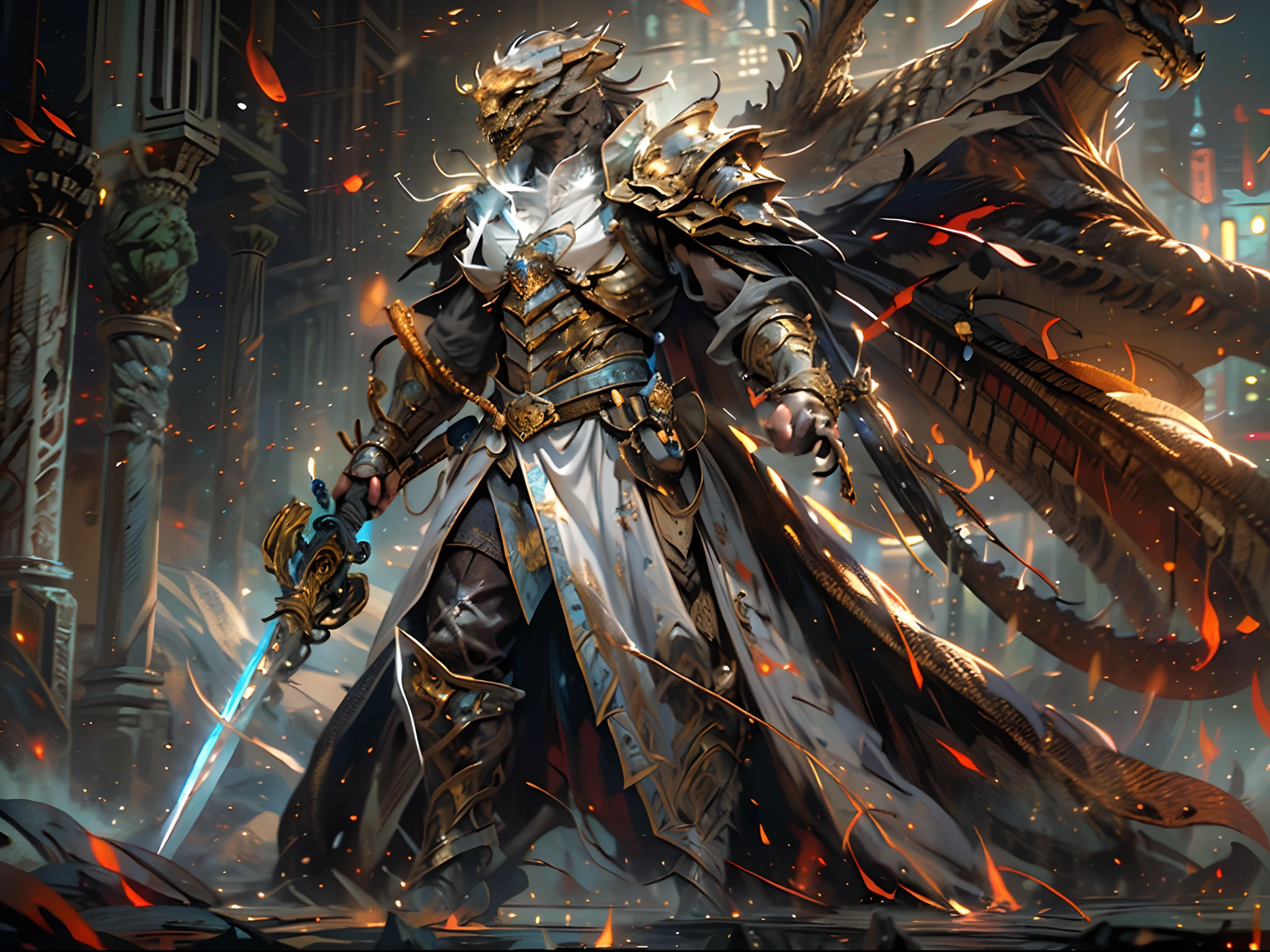 arafed high details, best quality, 8k, [ultra detailed], masterpiece, best quality, (extremely detailed), dynamic angle, ultra wide shot, photorealistic, RAW, fantasy art, dnd art, fantasy art, realistic art, a wide angle picture of a dragonborn paladin ready for battle, full body  (intense details, Masterpiece, best quality: 1.5), D&D dragonborn, gold dragonborn, dynamic eyes color, reptilian eyes, ultra detailed face  (intense details, Masterpiece, best quality: 1.5), wearing heavy armor, white armor, wearing cloak, long cloak, flowing cloak, dynamic colors, armed with sword  (intense details, Masterpiece, best quality: 1.5), holy avenger sword, sword have yellow magical aura (intense details, Masterpiece, best quality: 1.5), holding a shield  (intense details, Masterpiece, best quality: 1.5), dark temple, evil temple  background (intense details, Masterpiece, best quality: 1.5), sense of action, atmosphere of danger