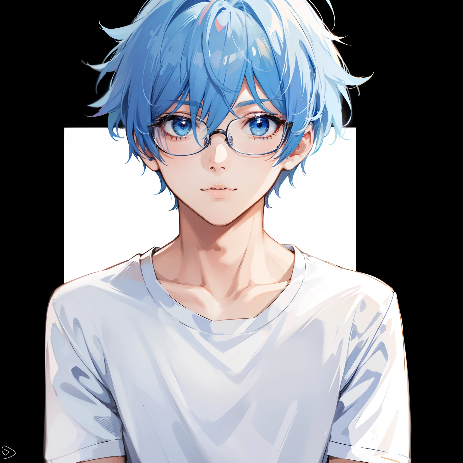 anime style, blue hair, look at camera, potrait, boy, half body, glasses, work outfit, full screen