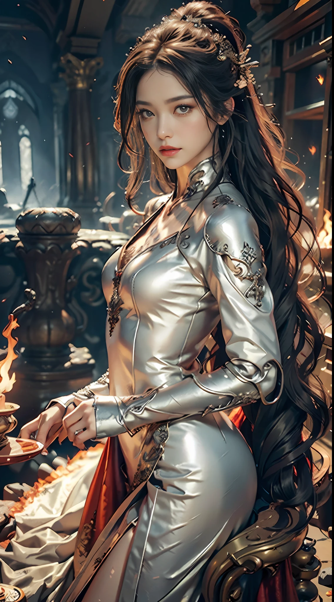 {{master piece}}, pinnacle rendering, realistic rendering, dark red rendering, metal rendering, {{color ink painting}}}, {{splash ink}}}, {{color}}, {{color}}, gorgeous rendering, best quality, illustration, flame, smoke, doomsday world, splash ink fire sea doomsday, full body, 1 girl, exquisite facial details, delicate facial features, real face, beautiful details eyes, deep pupils, broken city details, beautiful details long hair, wavy hair, broken details, transparent mechanical core, cyborg girl, details, cool, tight grooming, lace finishing, linear light costume modification, light rendering, reflection, highlight, holy light, confidence, charm, battle stance detail close-up, fire day, {filigree}, colored background, a dragon stands behind the girl, sea of fire, {tornado special effects}, beautiful details silver dragon armor, (cold face, confident) great depth, depth of field, 360° panoramic picture, fierce and magnificent battle scenes, broken mirrors, fingers all hidden and not displayed, small mouth closed