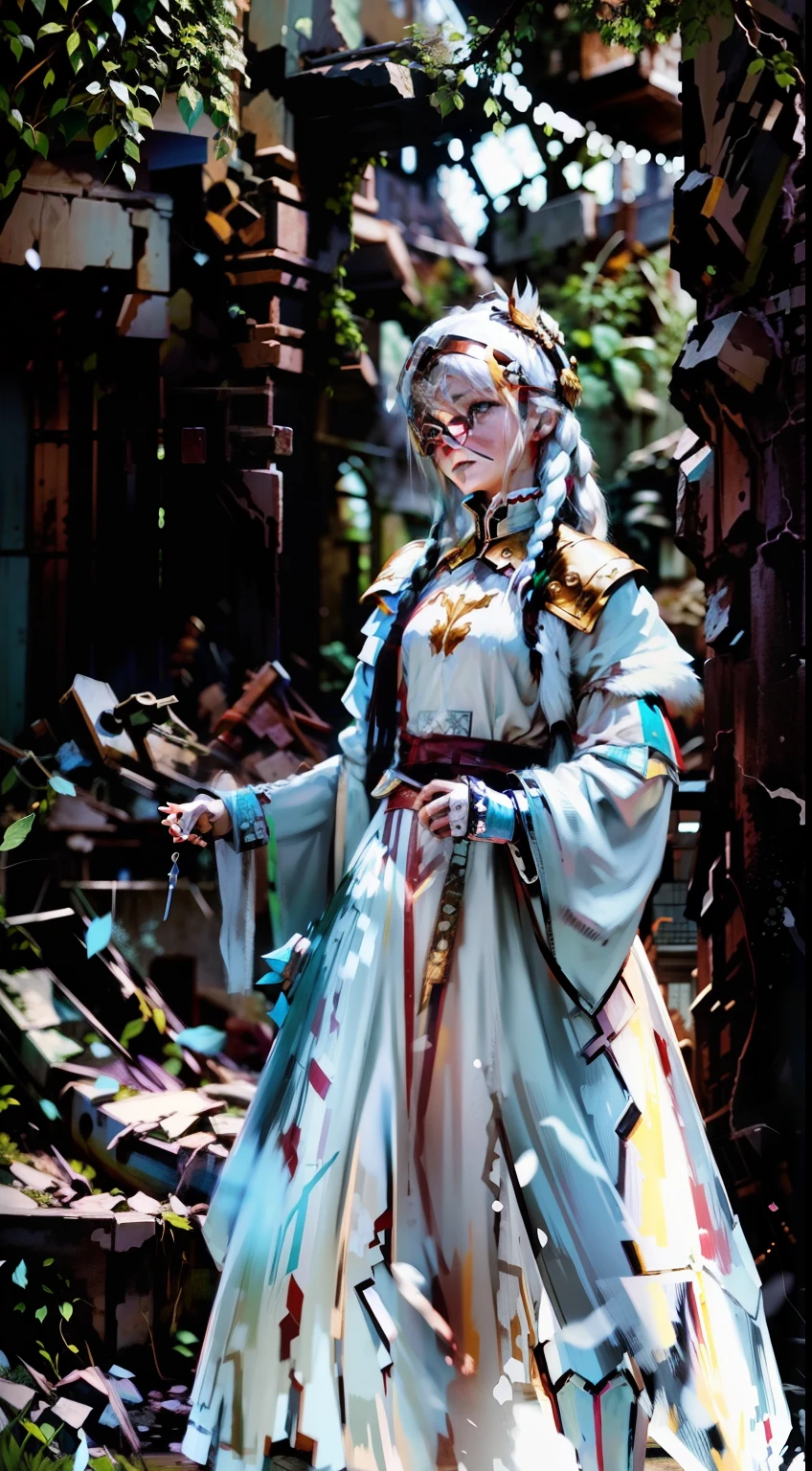The white-haired girl stood in armor on the wall that had long been in ruins