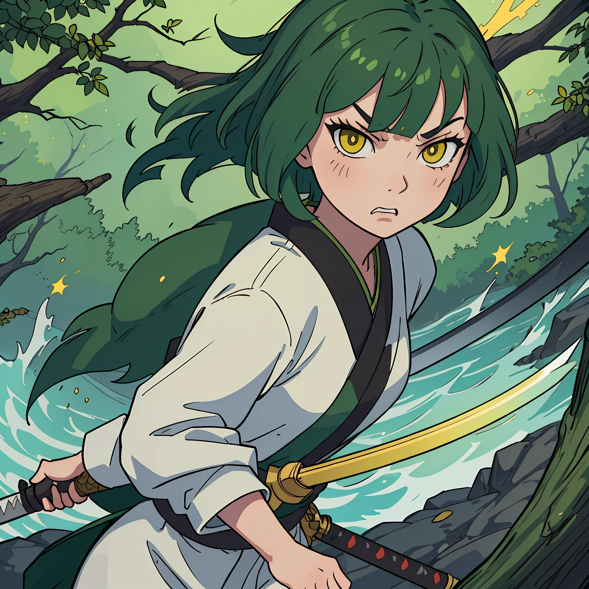 1girl, (master piece:1.1), (best quality:1.1), angry face, green hair, Bobcut, yellow eye,star mark under eyes, samurai sword, kimono, lake, detailed background, forest, depth of field,iai, battle