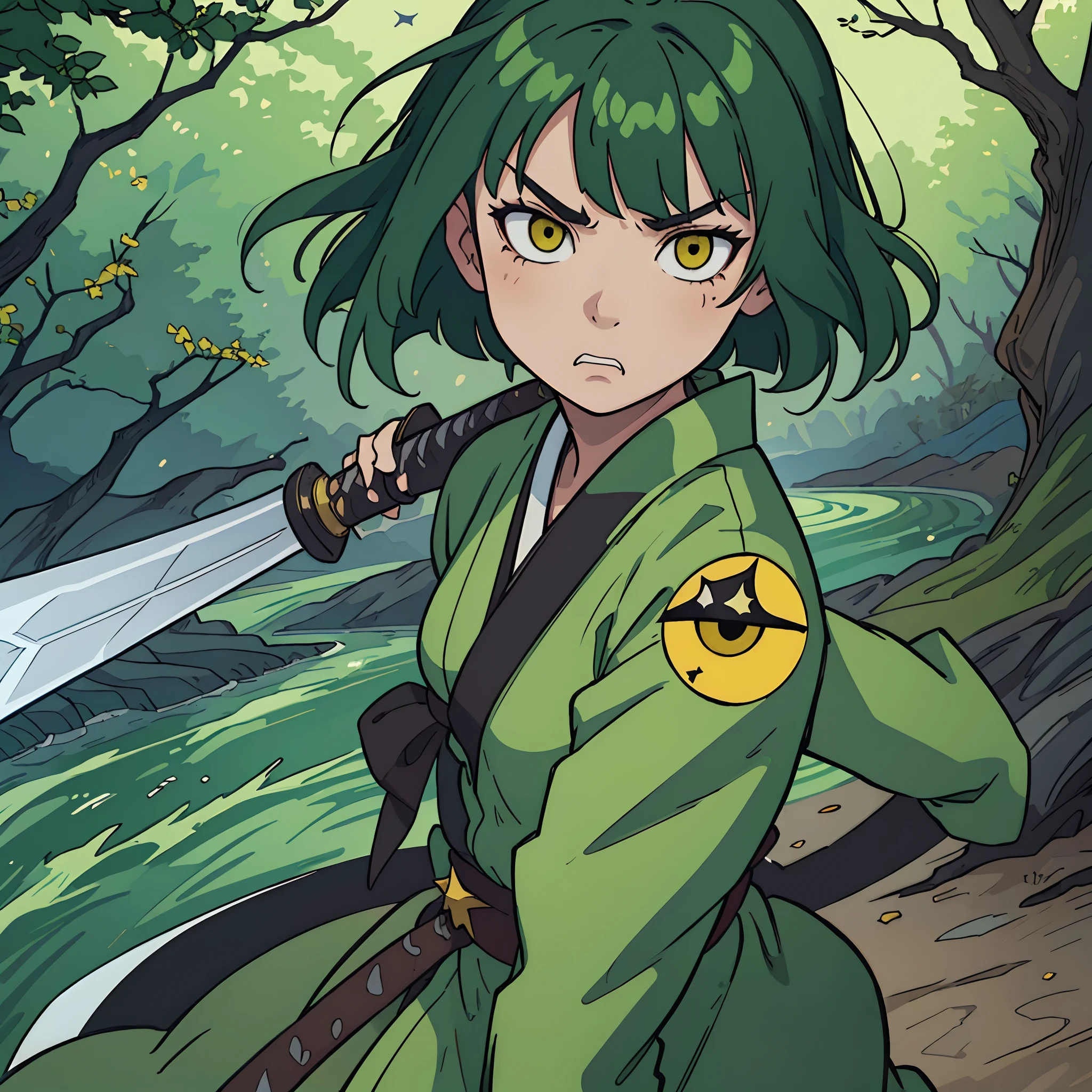 1girl, (master piece:1.1), (best quality:1.1), angry face, green hair, Bobcut, yellow eye,star mark under eyes, samurai sword, kimono, lake, detailed background, forest, depth of field,iai, battle