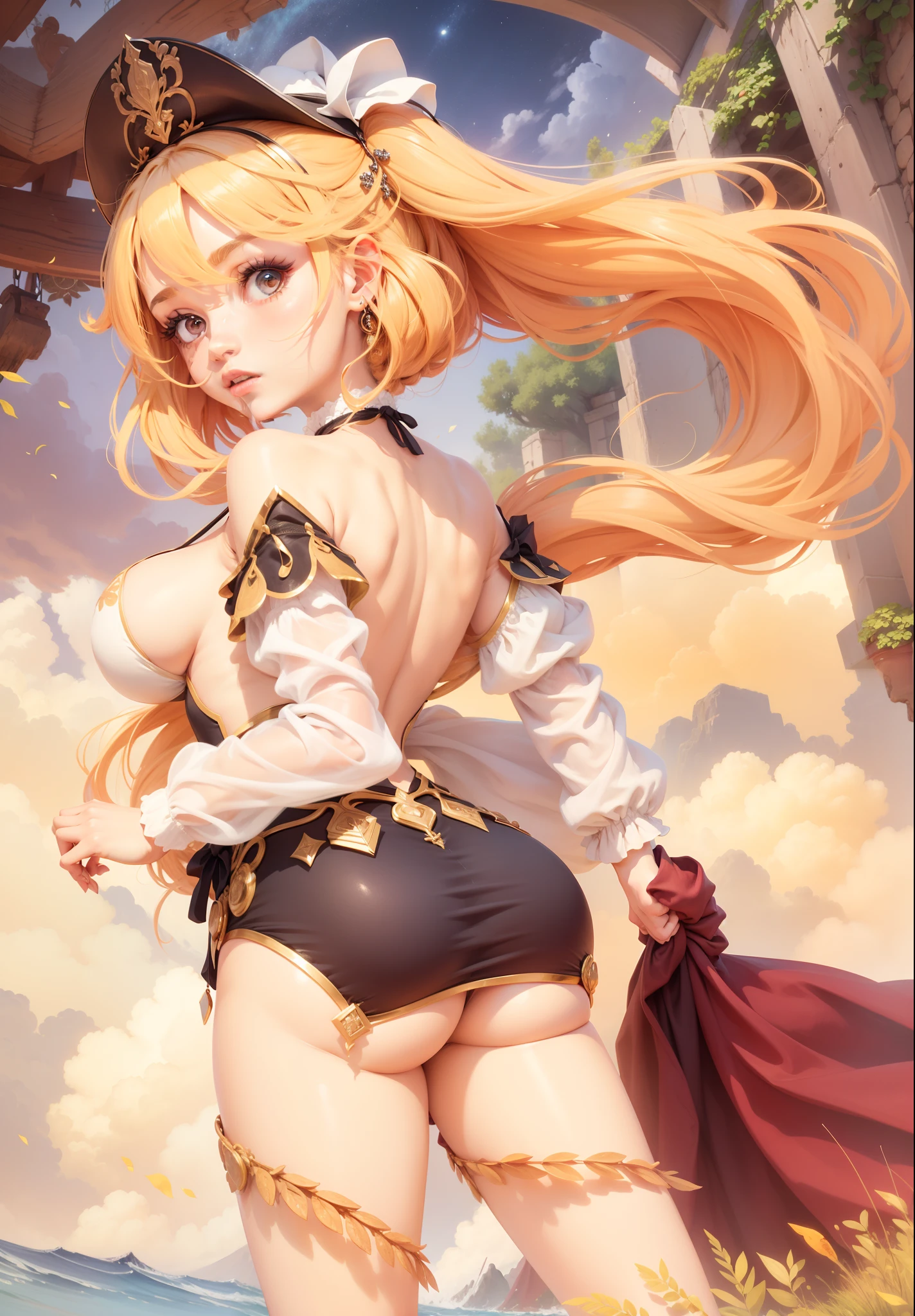 a girl, His body matured into its adult proportions, stands out as the central figure of this piece. Her silhouette is characterized by fully developed breasts, quadris mais largos, e cintura definida, enhancing her feminine allure. Her skin is fair, with a natural variation of tone that deepens around her – a subtle detail that underscores the authenticity of her depiction, Seios enormes