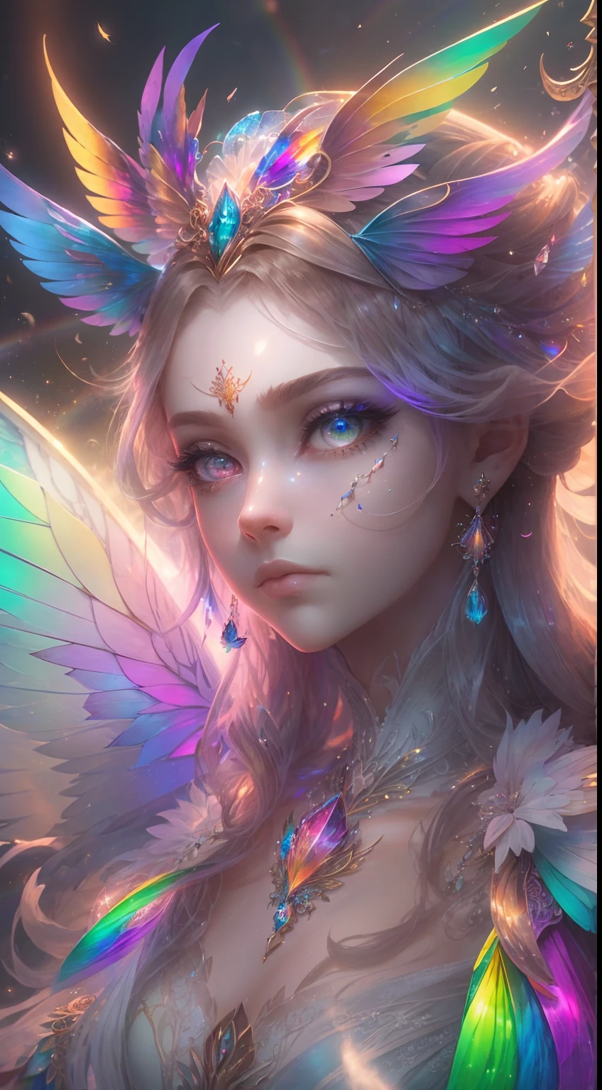 (((masterpiece))), (((best quality))), ((ultra-detailed)),(highly detailed CG illustration), ((an extremely delicate and beautiful)),cinematic light, Create a stunning fantasy artwork that mimics the style of currently trending masters of the genre. The art piece should contain elements of both mythic fantasy and fairytale fantasy with dreamy rainbow accents. ((Utilize the rainbow as the main color scheme.)) The character in the artwork is a delicate but strong petite figure with an aura of mystery and magic and (beautiful translucent rainbow wings). Pay close attention to intricate facial features, such as mesmerizing eyes with vibrant colors and bold shading. The character's clothing should be designed with gossamer feathers, silk, stunning embroidery, and subtle iridescent details. Incorporate (((translucent rainbows))), dreamy colors, dynamic lighting, and detailed background elements to create a sense of awe and immersion. Include colorful flying magical birds and jewel-toned rainbow butterflies radiating a magical aura. Consider the latest trends in fantasy art, such as incorporating unique lighting effects, exploring dynamic and compelling composition techniques, and experimenting with unique color palettes. Take inspiration from the top artists on ArtStation and Midjourney. Camera: Choose an angle that highlights the character's beauty and enhances the magical majesty of the artwork. Lighting: Utilize atmospheric lighting techniques to create depth and mood. Resolution: Aim for a high-resolution artwork to showcase intricate details and clarity. Art Inspirations: Seek inspiration from the trending artists on ArtStation, exploring different styles, genres, and themes.