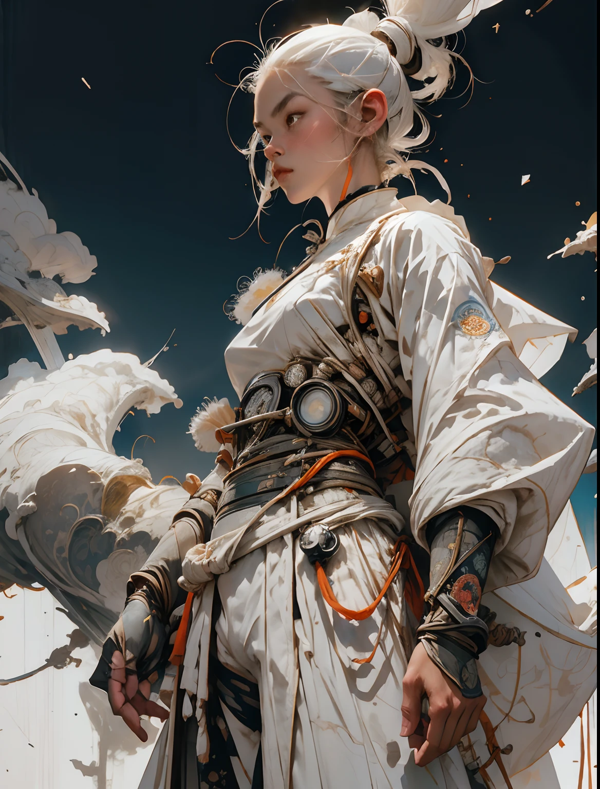 1monk warrior girl with white techwear clothes, white long hair, laces, abstract vintage scifi background, art by Moebius, art by Ashley Wood