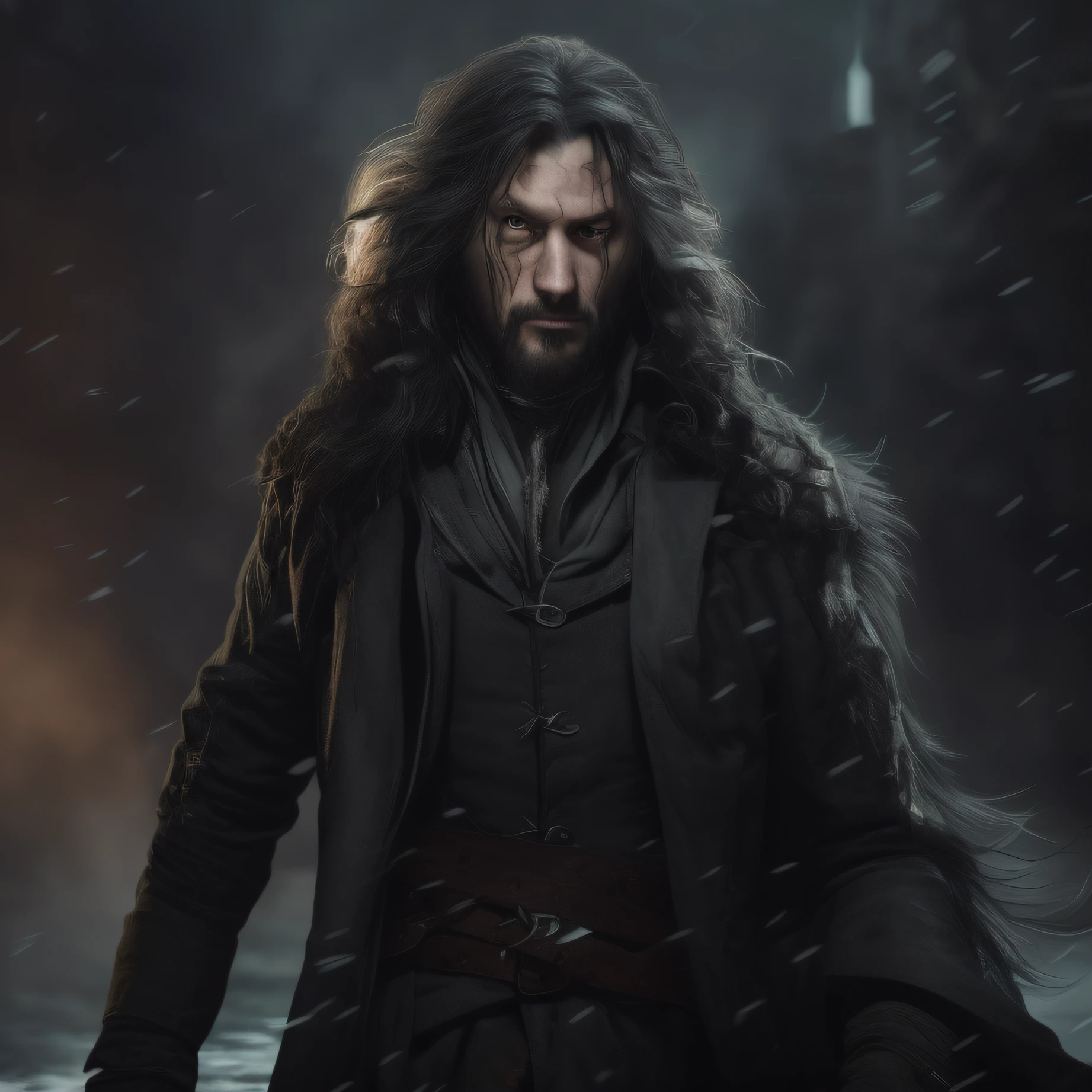 arafed image of a man with long hair and a beard in a black coat, as a solomon kane, solomon kane, portrait of fin wildcloak, steel inquisitor from mistborn, keanu reeves as geralt of rivia, john snow, fan art, johnny silverhand, the allfather, jon snow, mad john martin, corvo attano