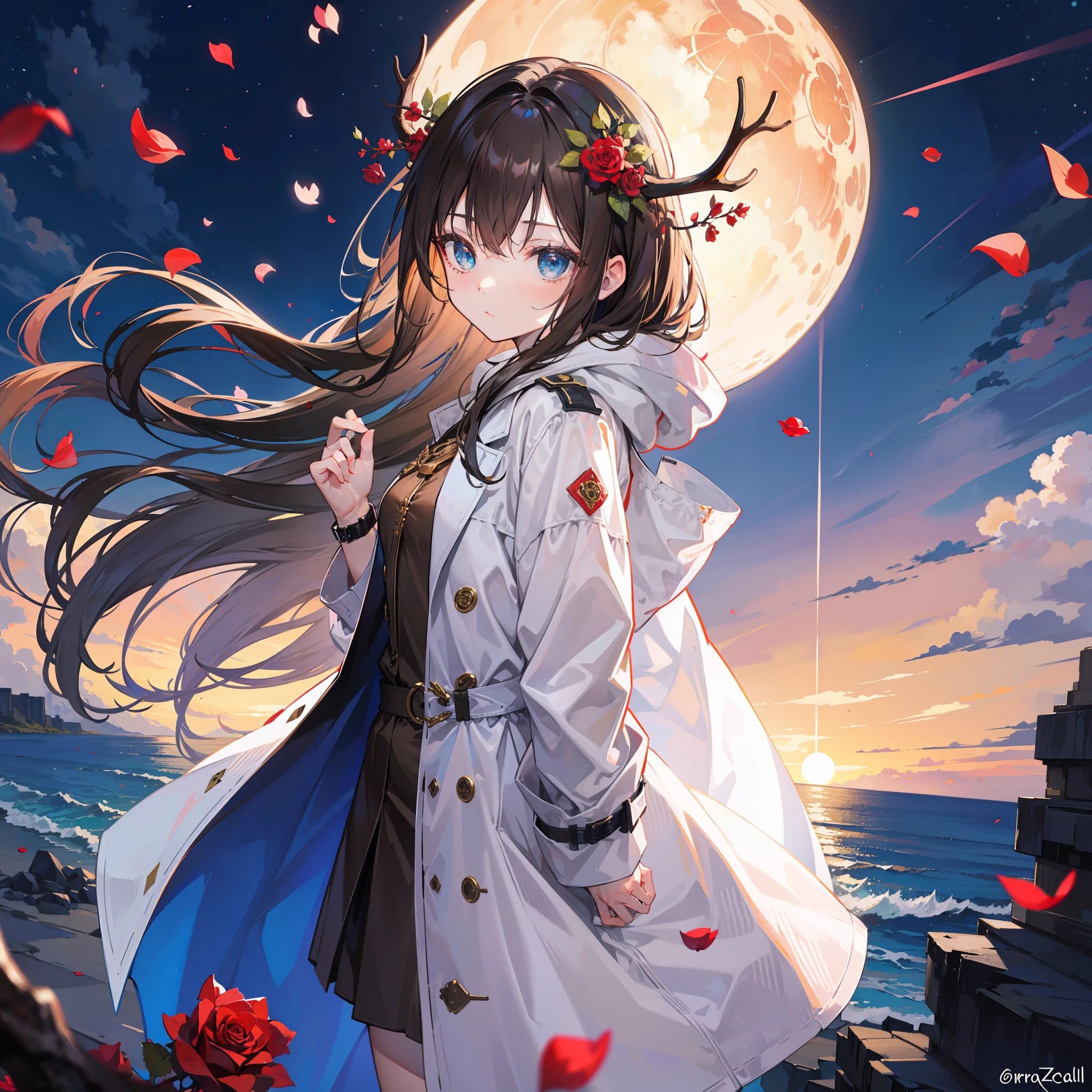 cliffside,zori,The girl wears a gold-rimmed trench coat and hood,Long white-brown hair,blue color eyes,Watch the sunset sideways,There are antlers on the head,Rose petals float around,HighestQuali