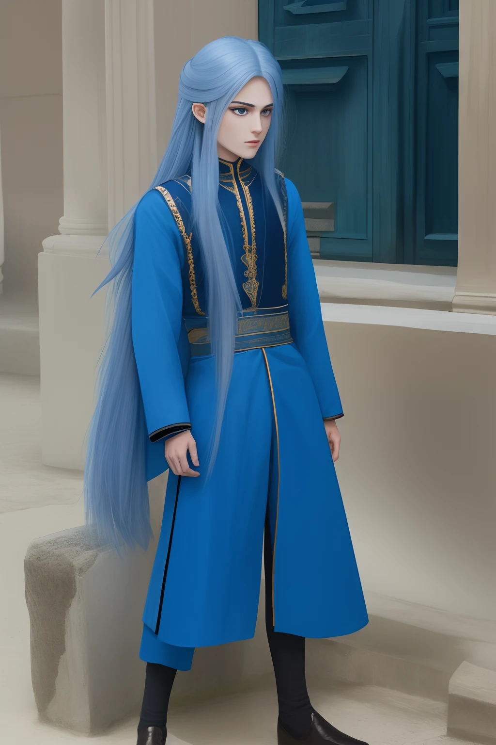 Blue clothes pants,Long blue hair,A two-dimensional boy with blue eyes in ancient costume