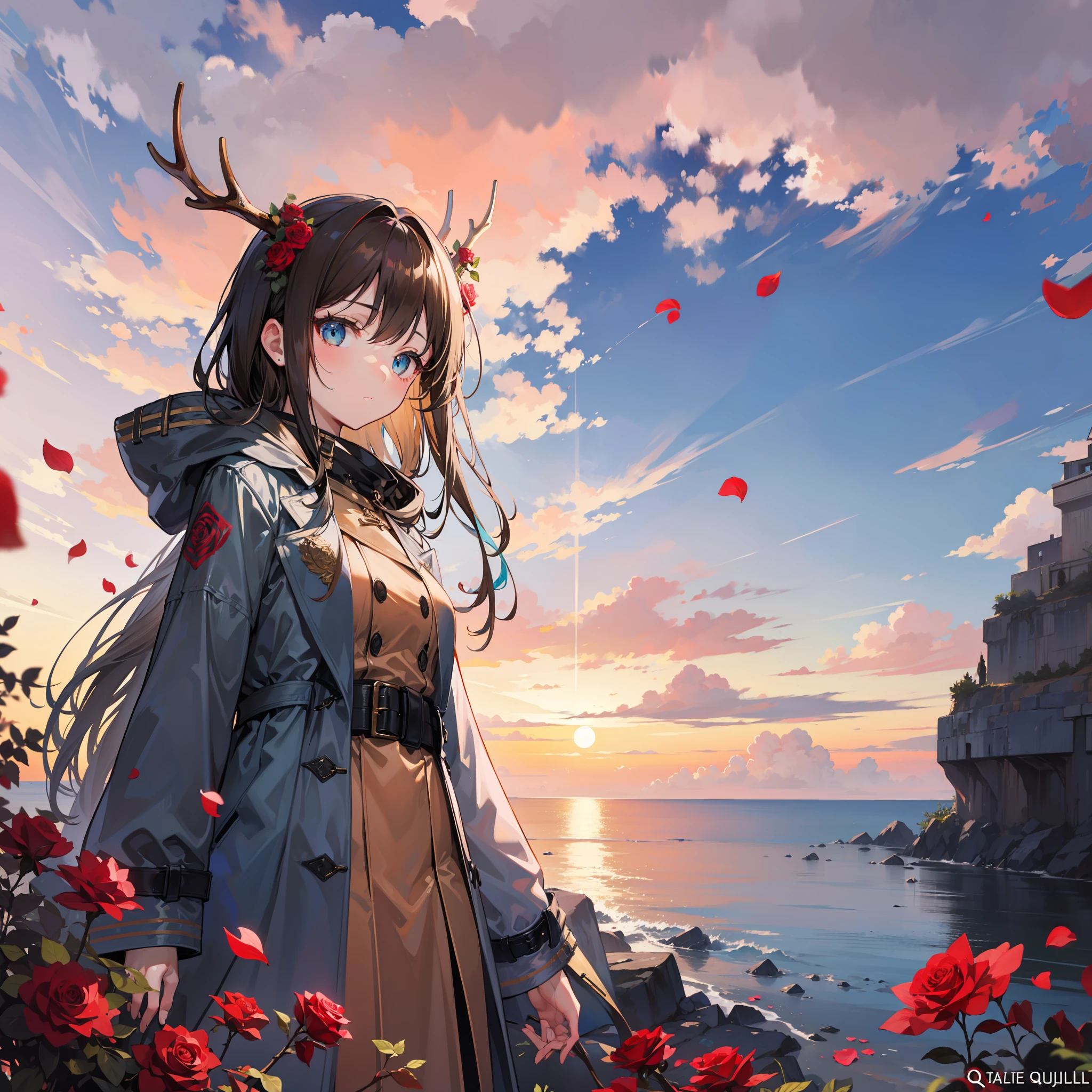 cliffside,zori,The girl wears a gold-rimmed trench coat and hood,Long white-brown hair,blue color eyes,Watch the sunset sideways,There are antlers on the head,Rose petals float around,HighestQuali