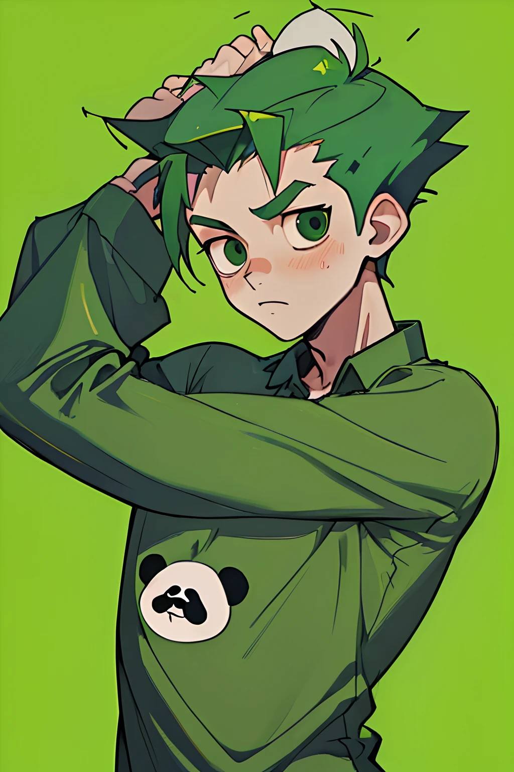 (best quality, masterpiece), 1boy, spiky green hair,  has panda ears, stretching, wearing pajamas, upper body,