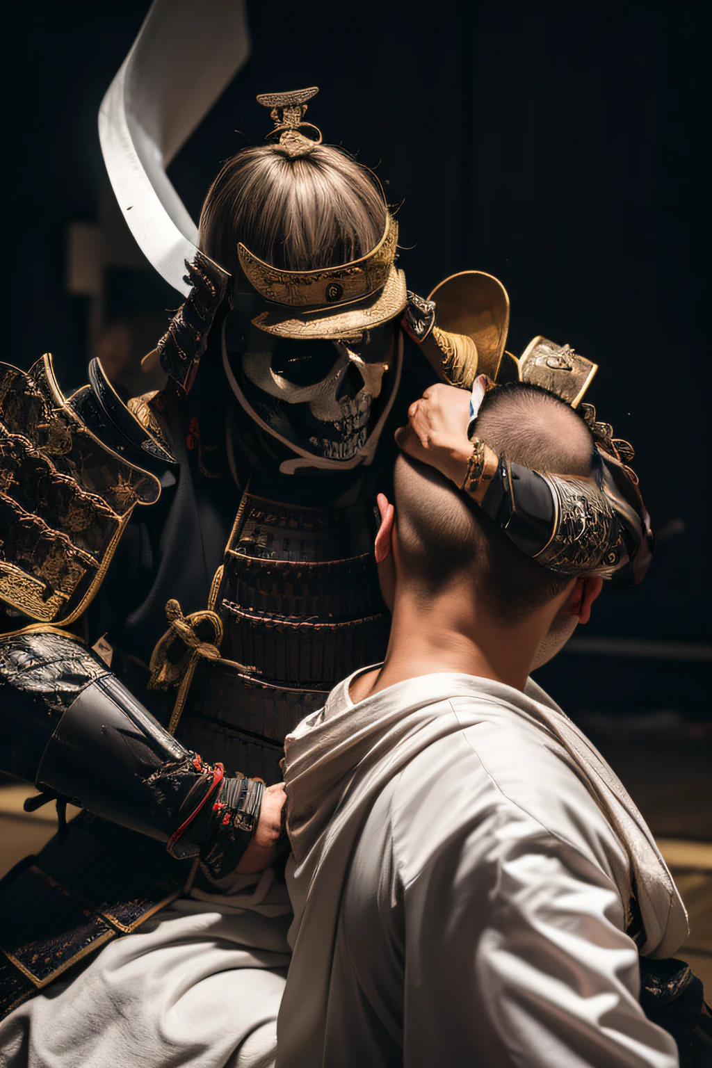 Change the samurai's face to a skeleton。