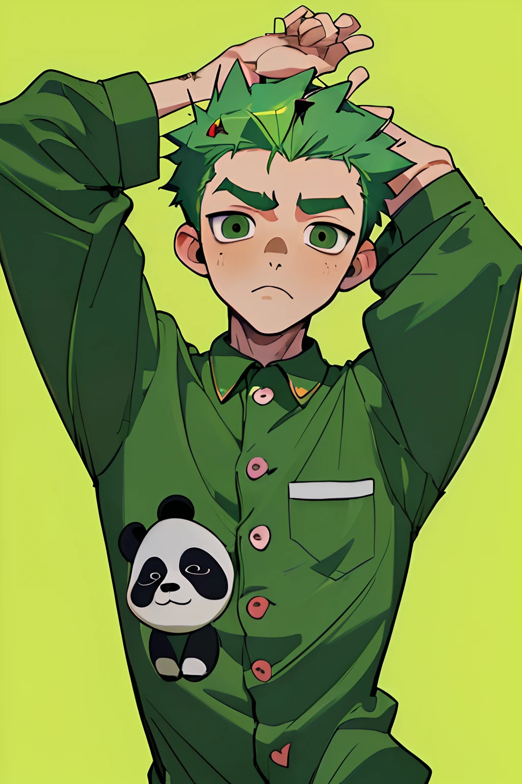 (best quality, masterpiece), 1boy, spiky green hair,  has panda ears, stretching, wearing pajamas, upper body,