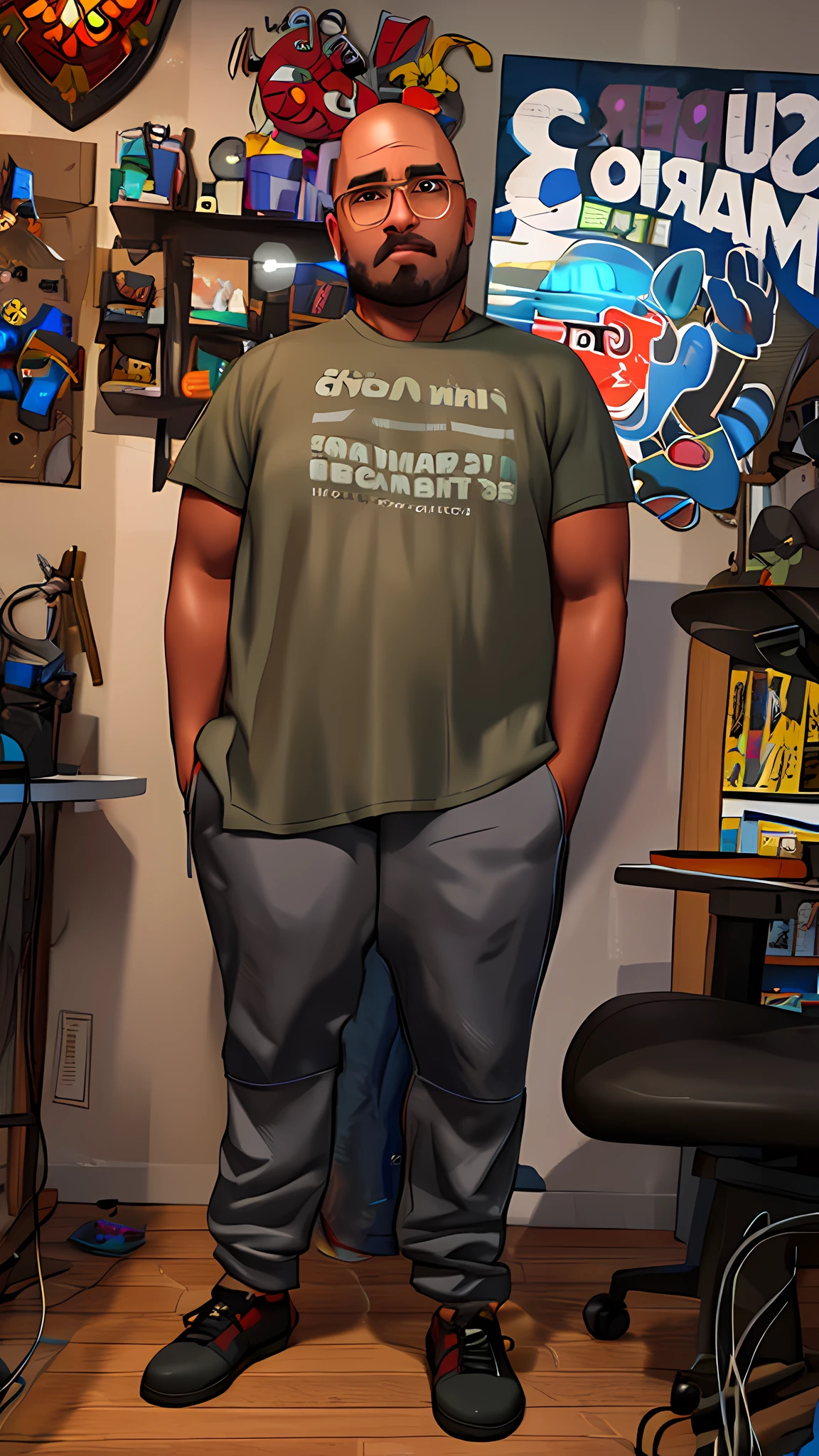 there is a white man standing in a room with a video game on the wall, twitch streamer / gamer ludwig, full body picture, wearing pants and a t-shirt, profile picture 1024px, wearing a baggy, taken in the early 2020s, thicc, outfit photo, full body photo of steve, distant full body shot