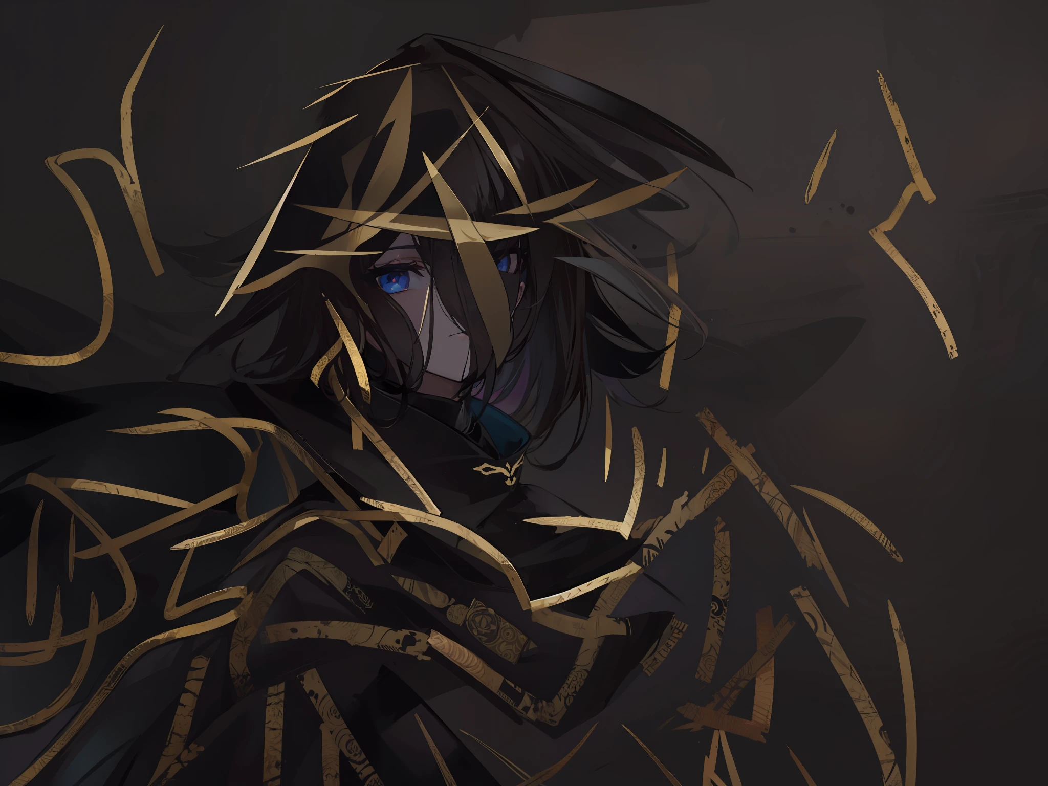 Quack boy，a black cloak，China ink painting，Look at me，brunette color hair，Confused eyes