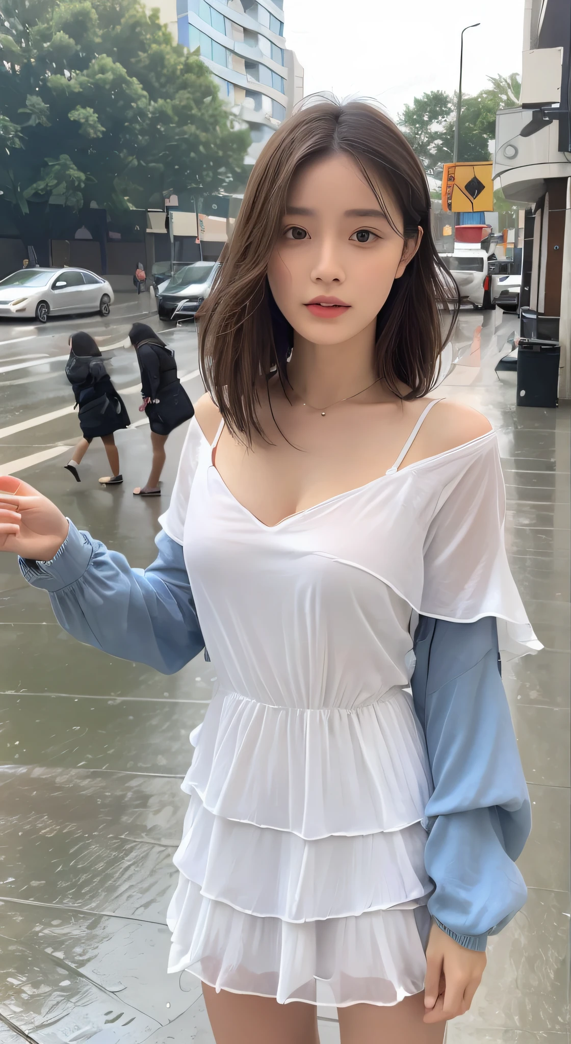 ((Best Quality, 8K, Masterpiece:1.3)), Focus: 1.2, Perfect Body Beauty: 1.4, Buttocks: 1.2, ((Layered Haircut, Breasts: 1.2)), (Wet Clothes: 1.1) , (Rain, Street:1.3), Bandeau Dress: 1.1, Highly Detailed Face and Skin Texture, Delicate Eyes, Double Eyelids, Whitened Skin, Long Hair