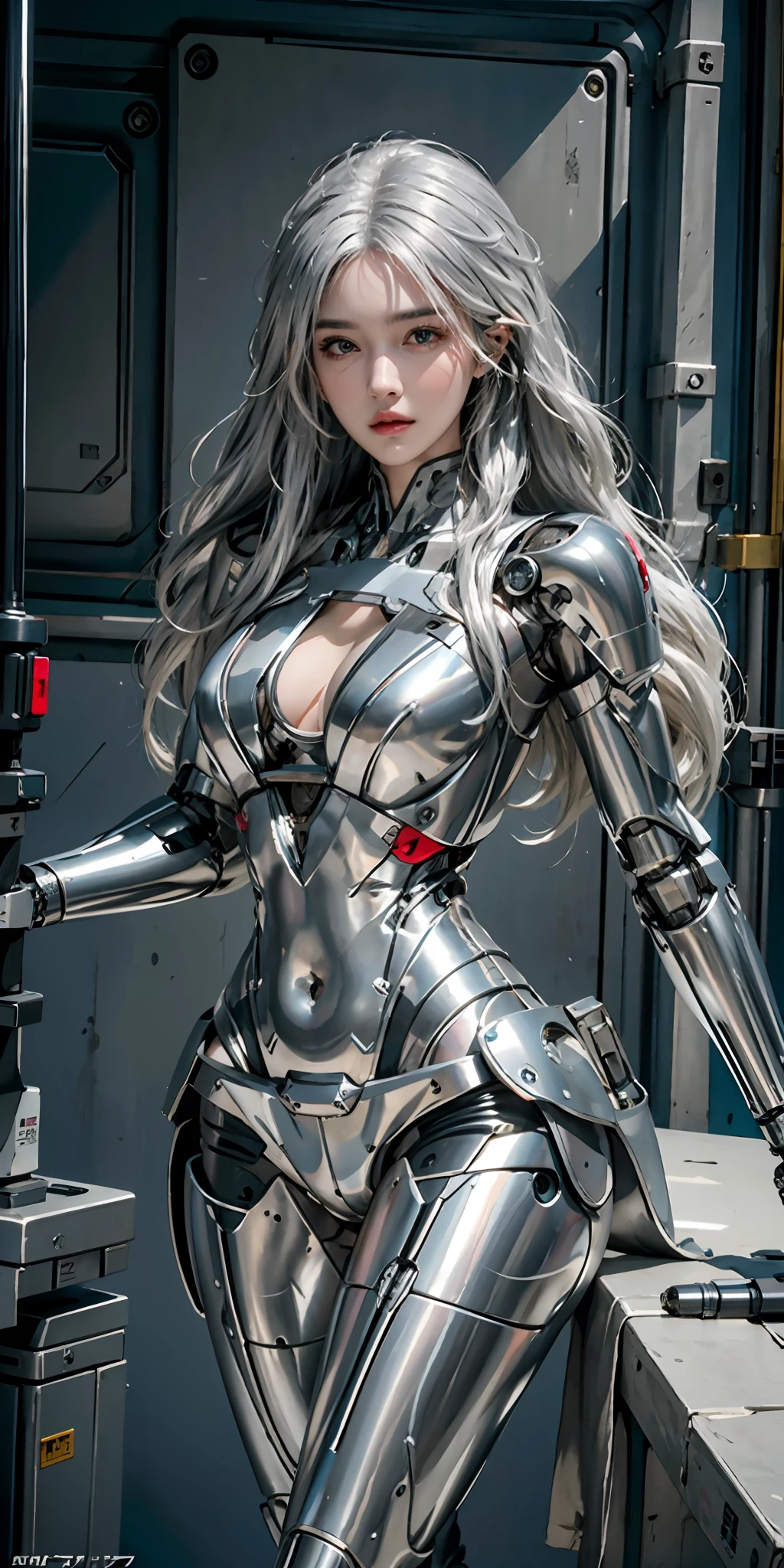 photorealistic, high resolution, soft light,1women, solo, hips up, (detailed face), silver hair, long hair, mecha musume, mechanical parts, robot joints, mechanical bodysuit, cyborg, full robot body
