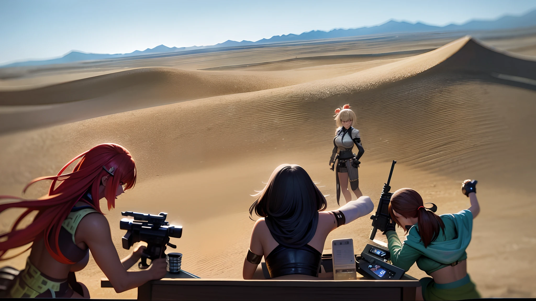 In the desert there are many people playing games, <mmorpgs scene,, In-game shots,MMORPG gameplay,Screenshots of action scenes, Chasing tribal members, gameplay still, Gameplay Screenshots、Doomsday World、8 Girls