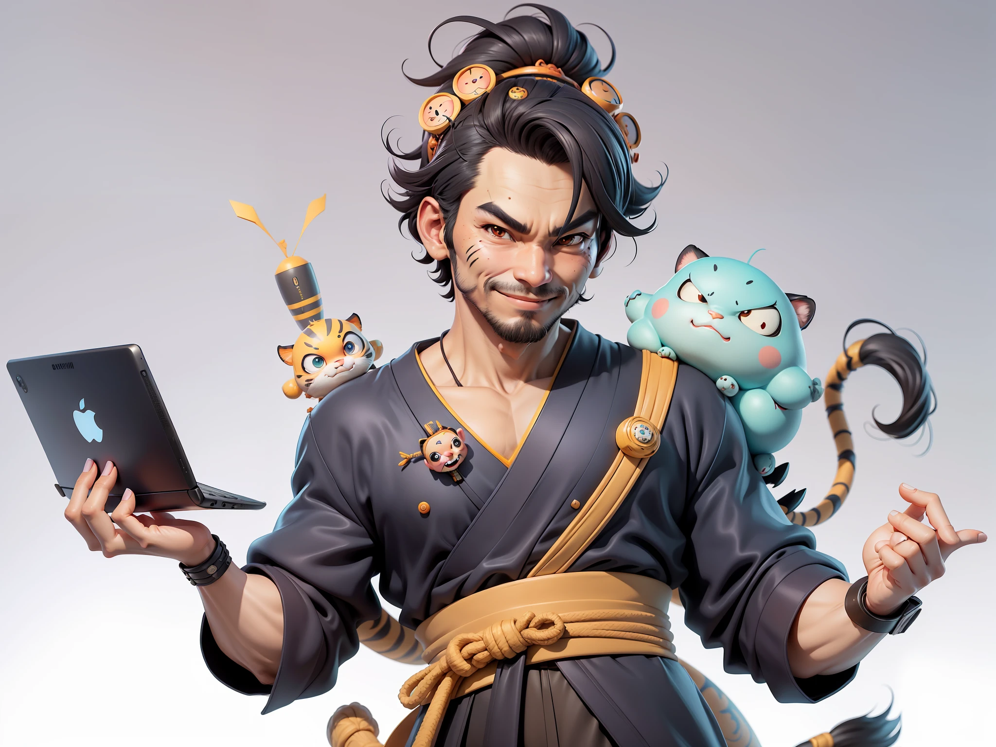 (Daisaku),(Need),(Super meticulous),(full bodyesbian:1.2),Super young man with Japanese geisha，Beautiful，orient，one tiger，Aeolian Thor，Raised sexy，爆乳，Oriental face，TV Anchor，Bust portrait illustration，In black suit，a blue tie，The face is slightly chubby，The face was clean，without a beard，Black super short hair，Black eyes，Smile confidently，3C computer sub-products，iPad， iphone，Digital painting，3D character design by Mark Clairen and Pixar and Hayao Miyazaki and Akira Toriyama，The illustration is a high-definition illustration in 4K resolution，With very detailed facial features and cartoon-style visuals。