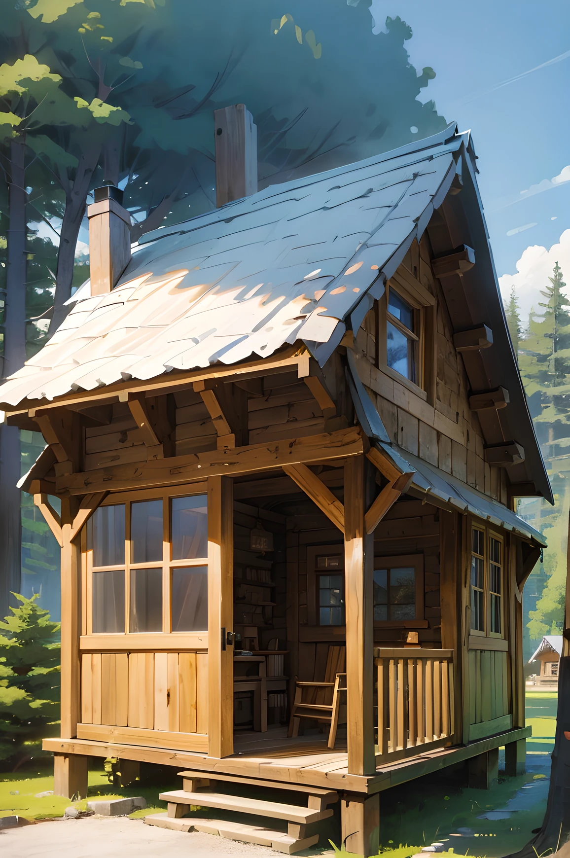 cabin with covered porch, rustic stone cabin, cottagecore, luxurious wooden cottage, idyllic cottage, modern rustic, beautiful house, wooden cottage, peaceful scenery, chalet, ((wonderful masterpiece)), cute cartoon world, 3d