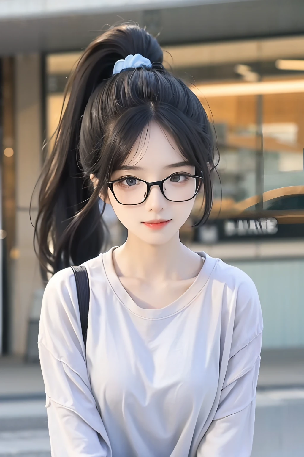 Just graduated,Female programmer on the first day of work,Appearance features include black hair、High ponytail、wears glasses,She has a cute and beautiful appearance,Clear eyes full of college students,plain white T-shirt,Light blue jeans