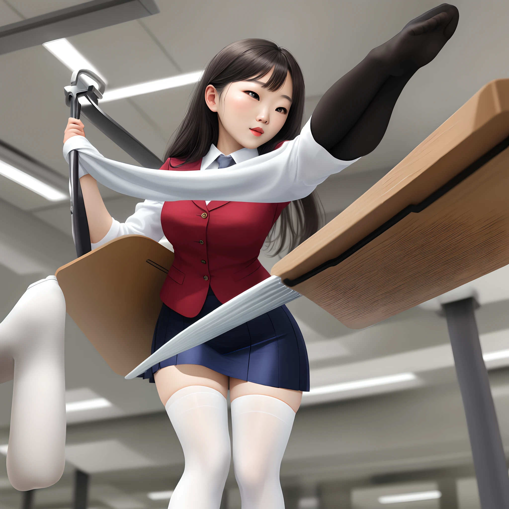 wearing silk stockings,white stockings,Tong,lifting up skirt,Female colleagues