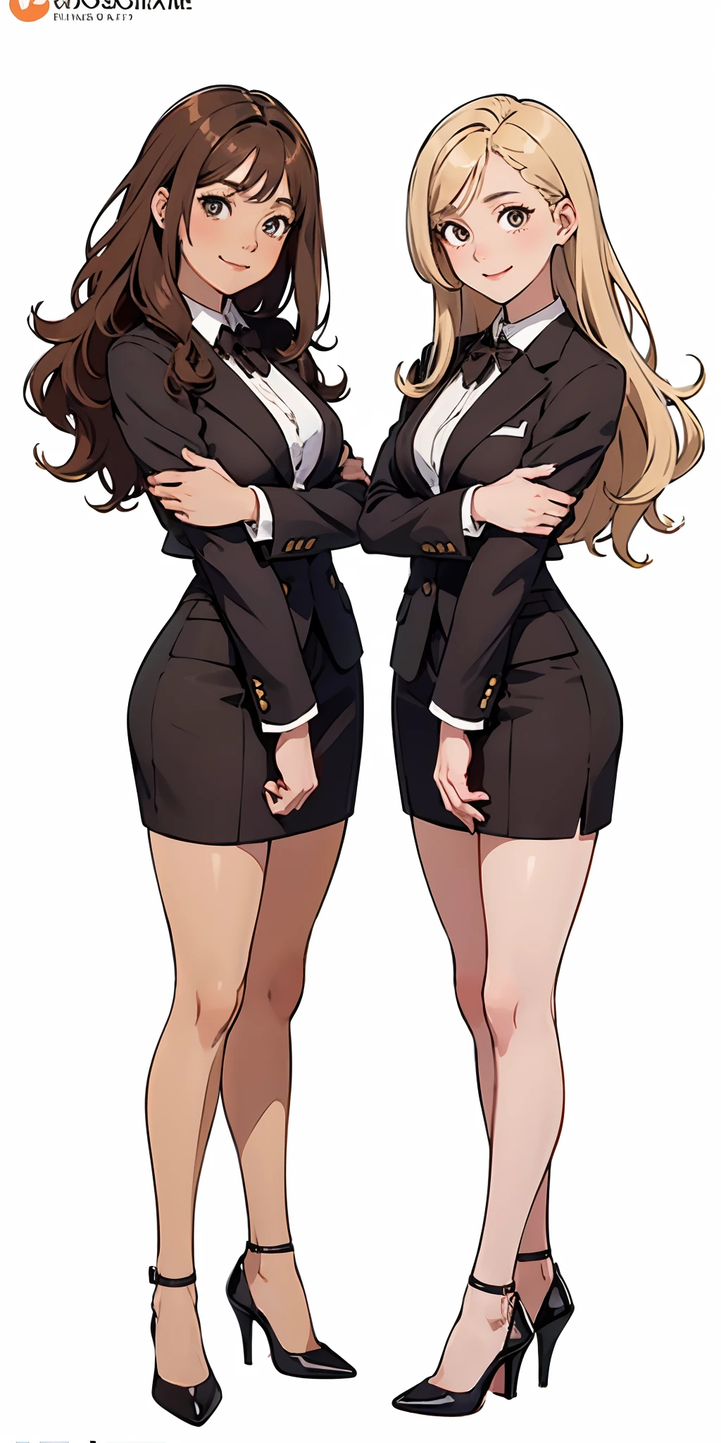 perfect anime illustration, anime screencap, 2girls, twin sisters, identical sisters, brown hair, blonde hair, (1 blonde girl, 1 brown haired girl, different hair colors), curly hair, matching hairstyle, hazel eyes, smiling, ((matching outfits, businesswomen)), matching hairstyles, white background, highres, full body, pose