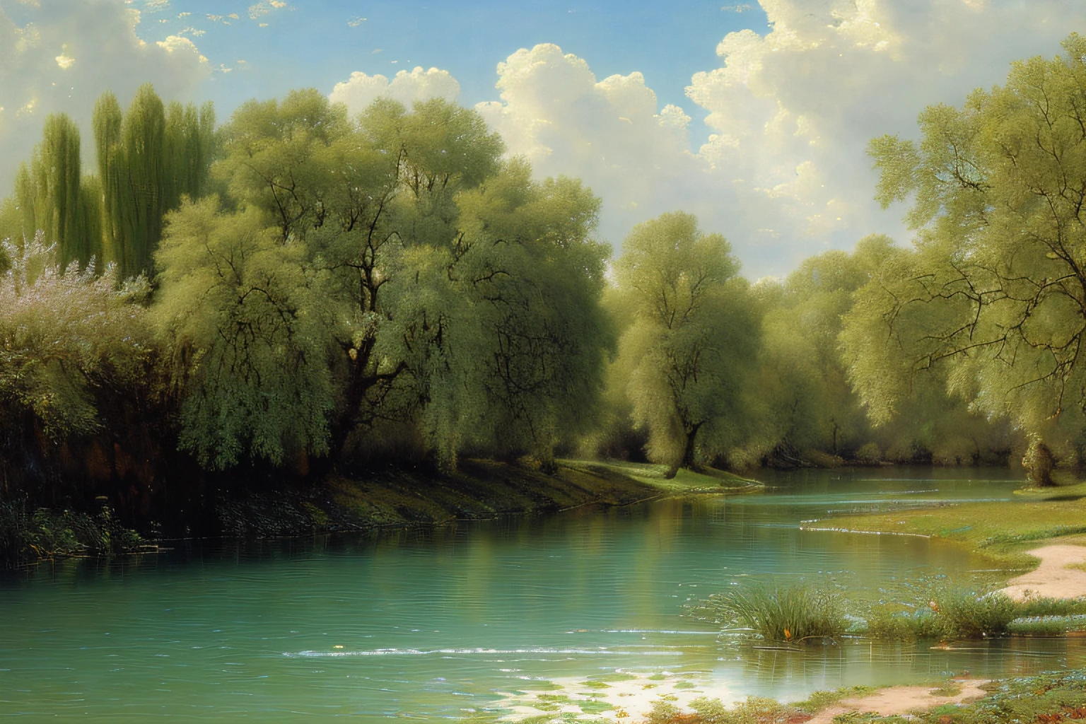paysage, Eau, ciel orageux, (Highly detailed CG Unit 8k wallpaper), The most beautiful work of art in the world, Professional majestic oil painting, complexe, High detail, mise au point nette, dramatique, Art of photorealist painting, Alma Tadema
