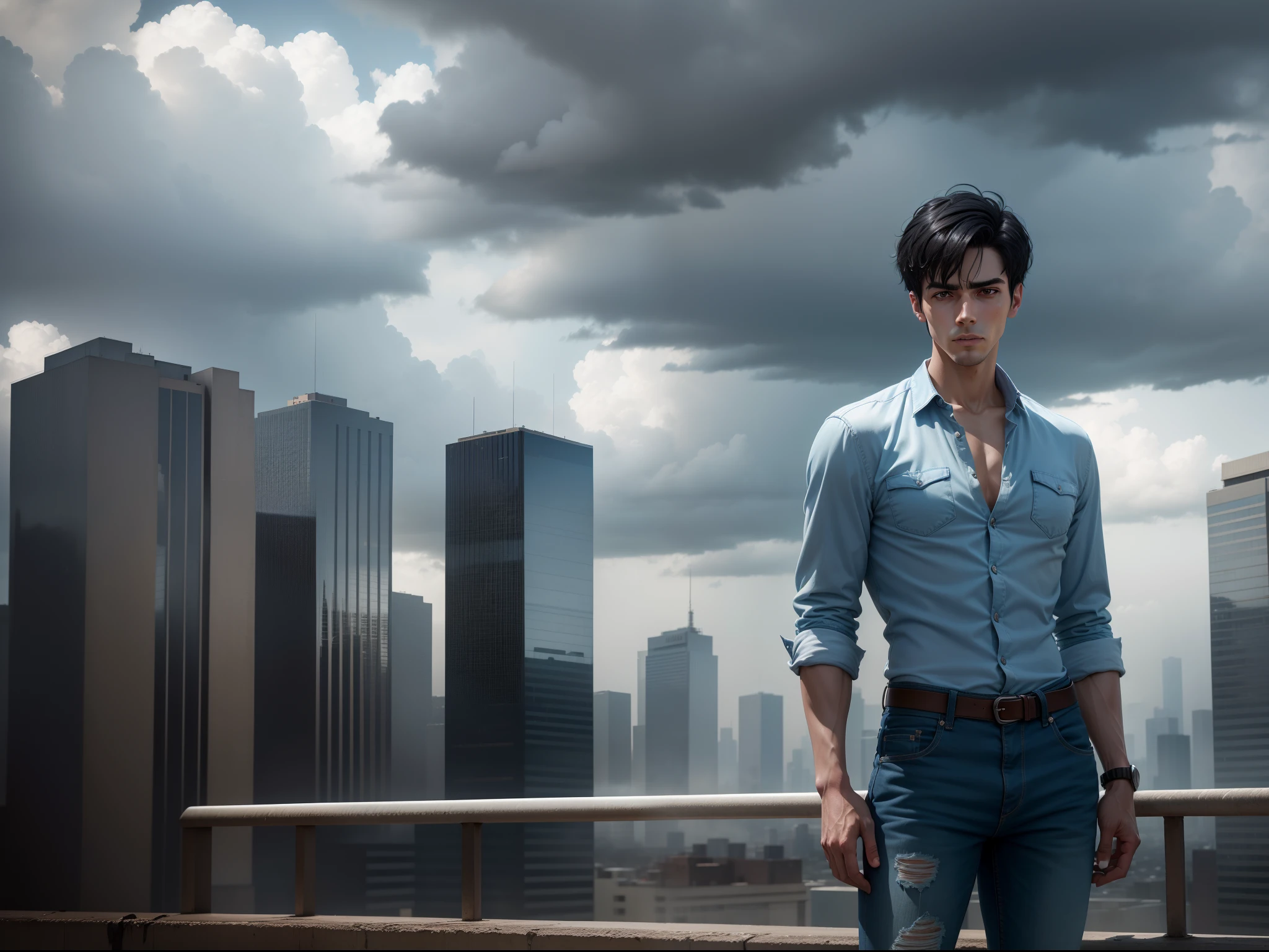 Ultra-realistic 8k image of a slim 25-year-old man, short black hair, dressed in a light blue button-up shirt and jeans, distressed expression, standing on top of a 20-story building, cloudy sky filled with rainy clouds