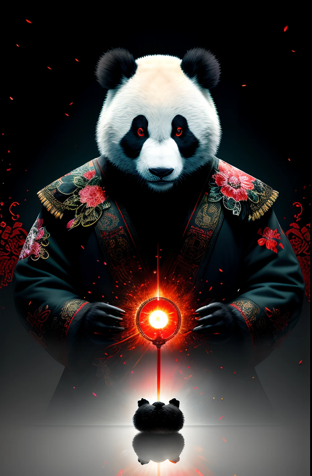 extremely detailed 8k wallpaper), intricate, richly detailed, dramatic, Panda bear with white kimono, ready for combat, Sinister face is drawn with only a pair of red eyes peeking underneath, graphics insanely, light is reflected in the ornaments, bright ashes ooze from the torches in the vaulted passage during the leisurely walk through the gloomy cathedral, Show the whole person with some distance from the surroundings to get your own license.